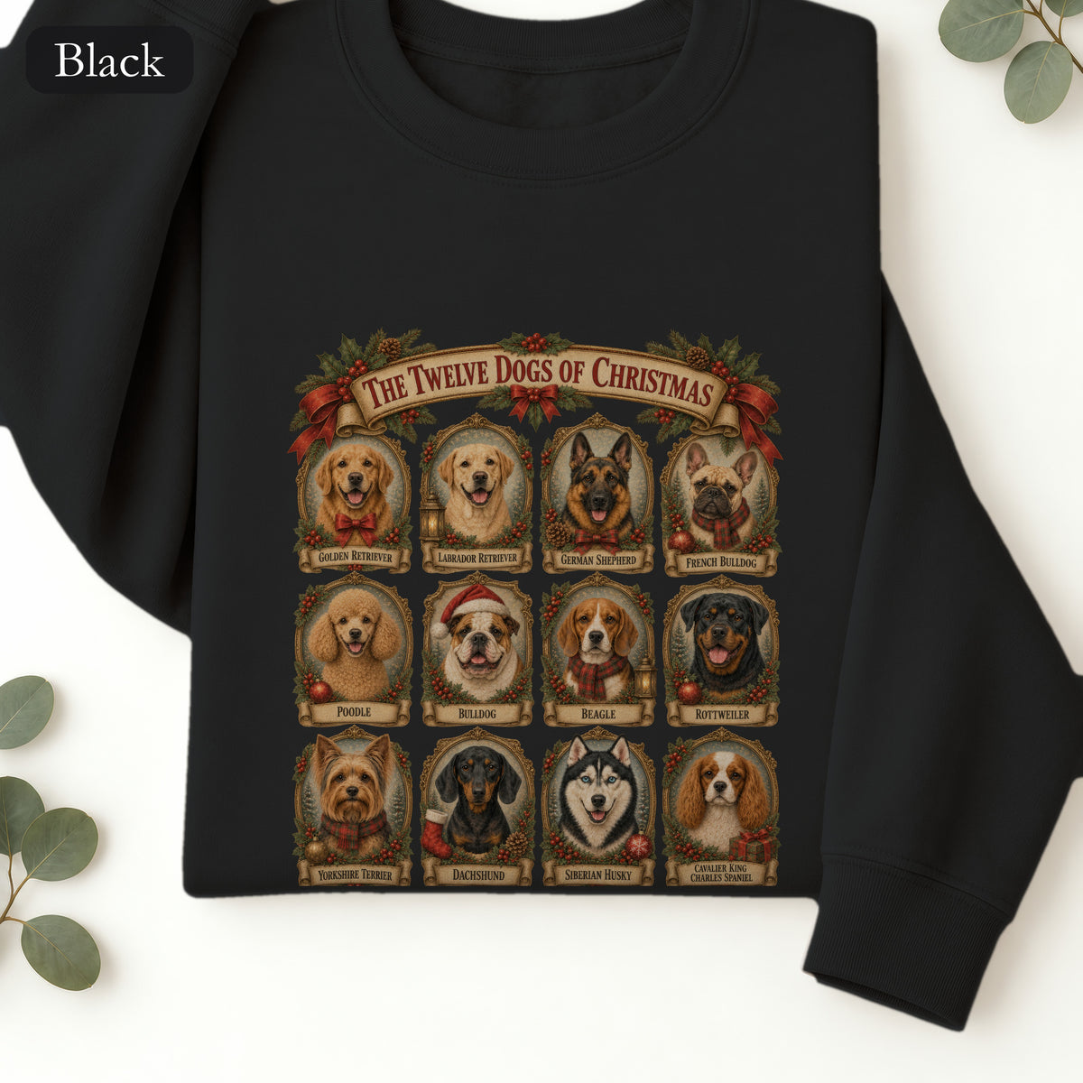 Twelve Dogs of Christmas Sweatshirt | Vintage Dog Portraits Holiday