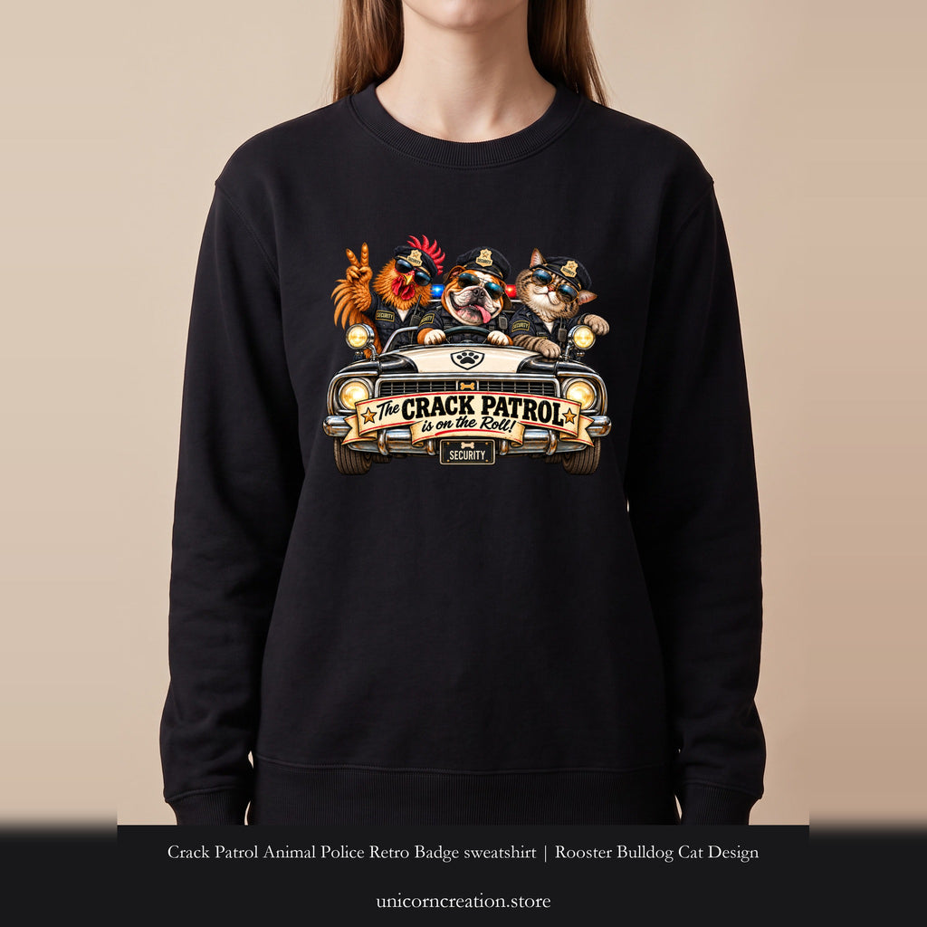 Crack Patrol Animal Police Retro Badge sweatshirt | Rooster Bulldog Cat Design
