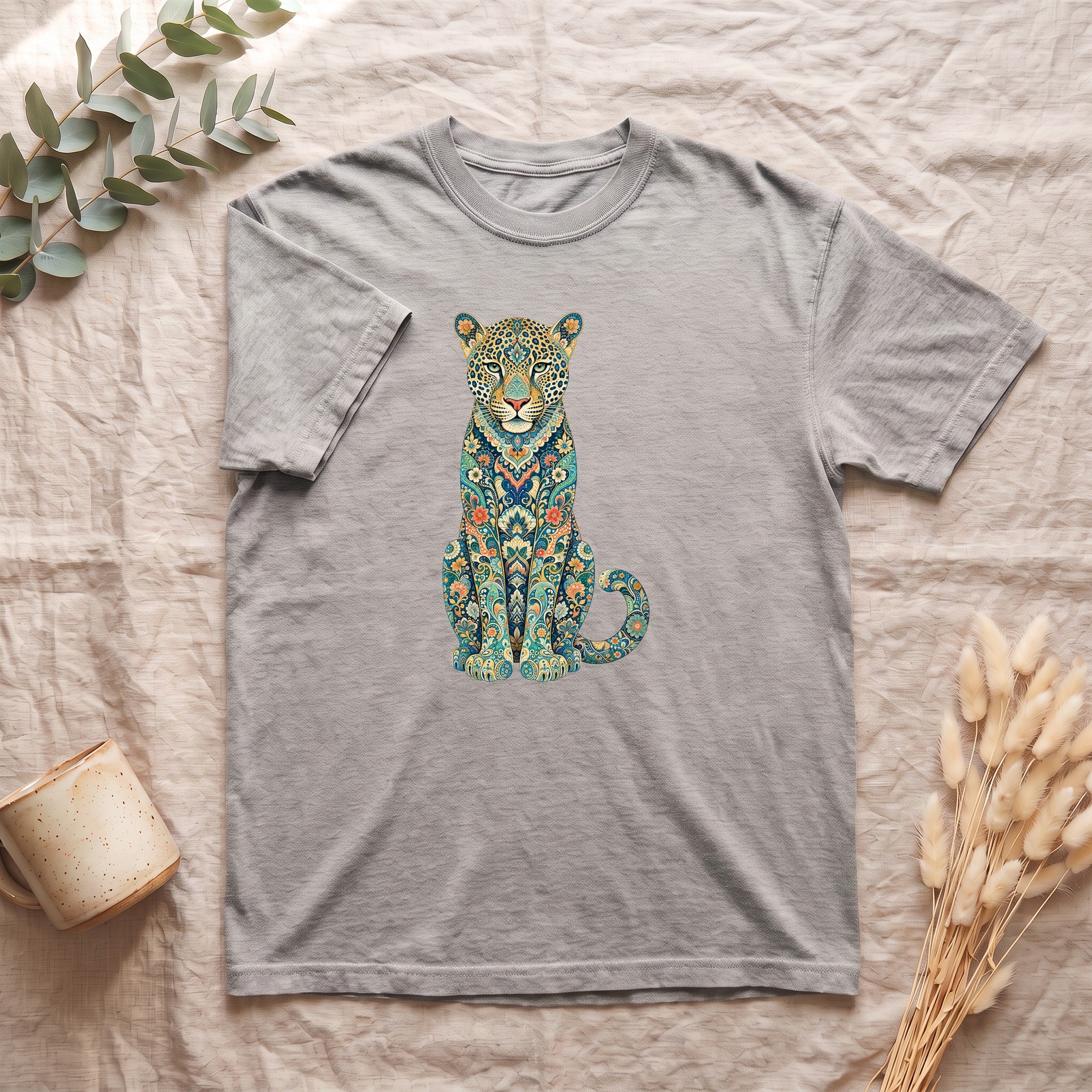 Boho Leopard Shirt, Folk Art Leopard Tee, Japanese Pattern Big Cat Lover Gift, Vintage Floral Leopard Sweatshirt
