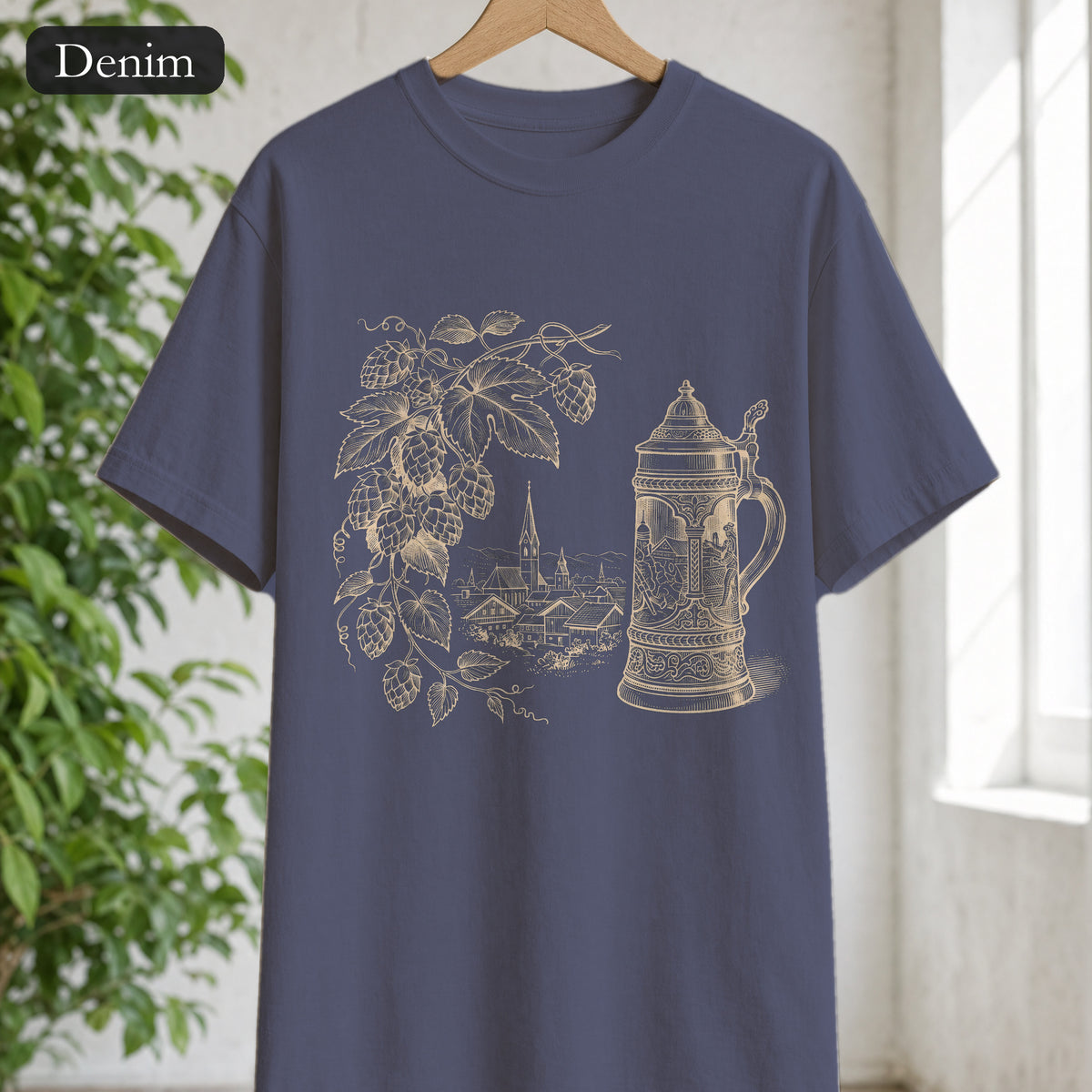 Vintage Beer Stein Illustration Shirt | Hops Vine Scenic Design