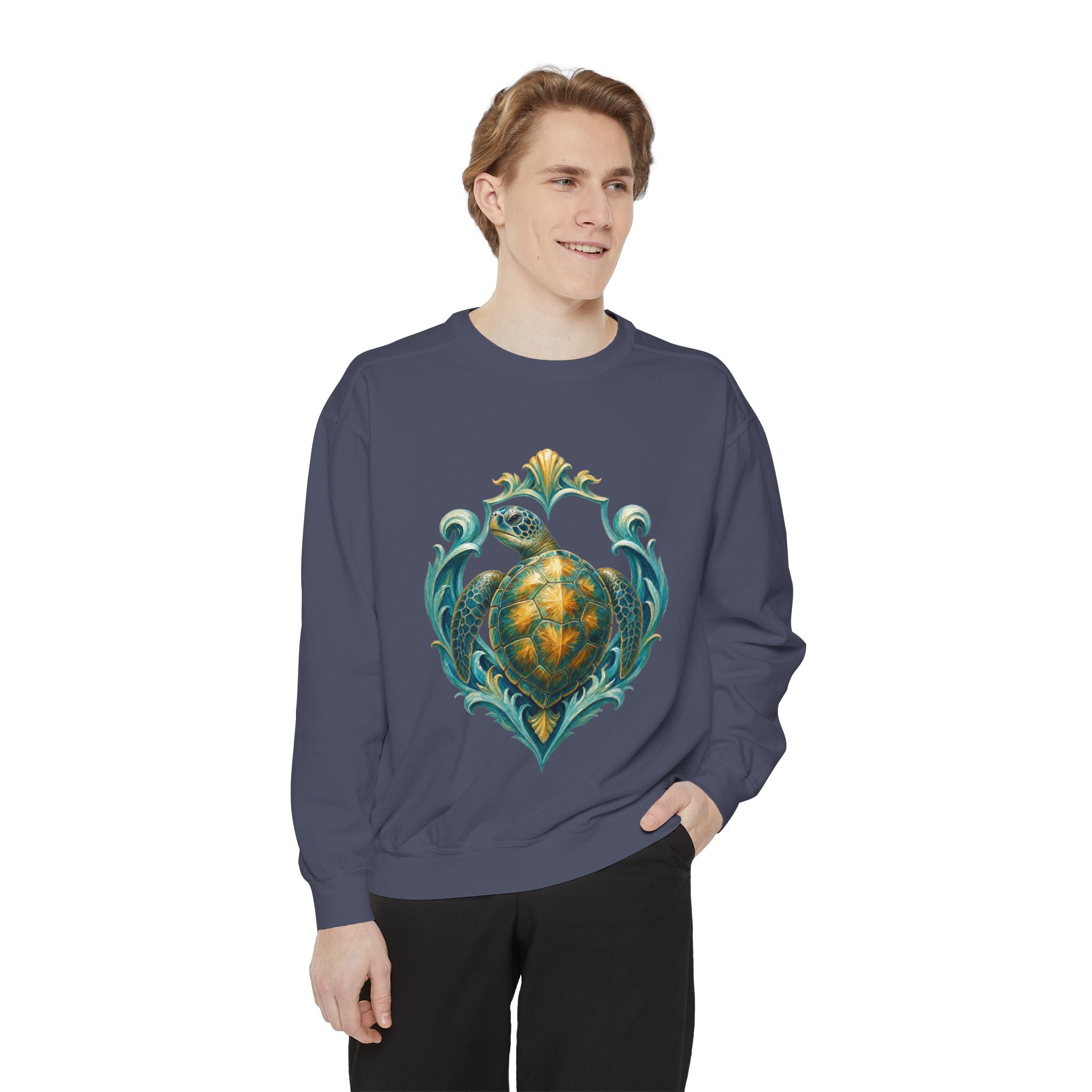 Sea Turtle Long Sleeve Sun Shirt, Painterly Turtle Crest Swim Tee, Beach Ocean Lover Gift, Coastal Swim Sweatshirt