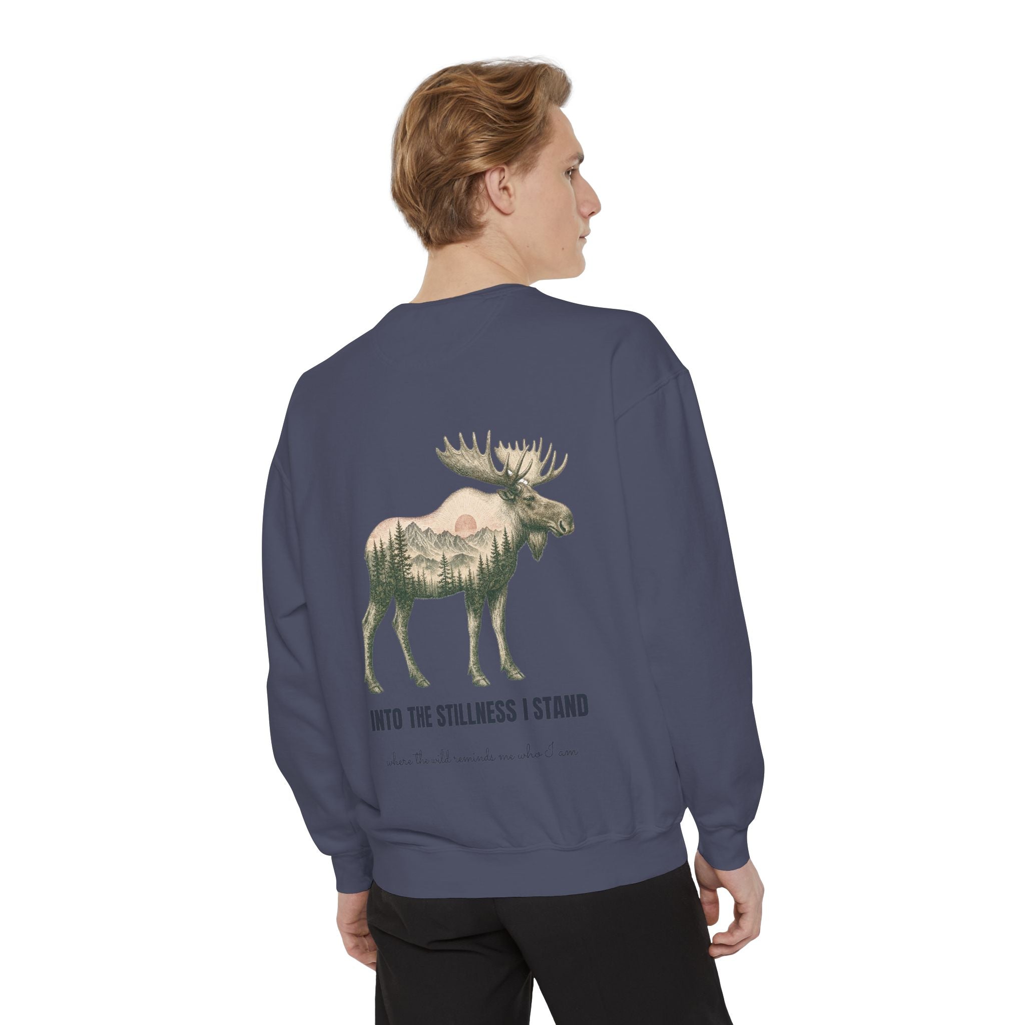Into the Stillness I Stand Shirt, Moose Double Exposure Tee, Mountain Wilderness Camping Gift, Woodland Nature Sweatshirt