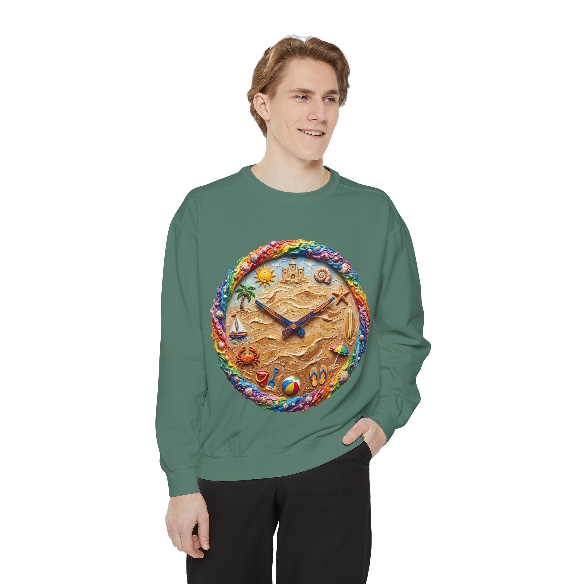 Beach Clock Shirt, Dreamy Coastal Art Tee, Surreal Beach Lover Gift, Summer Ocean Sweatshirt