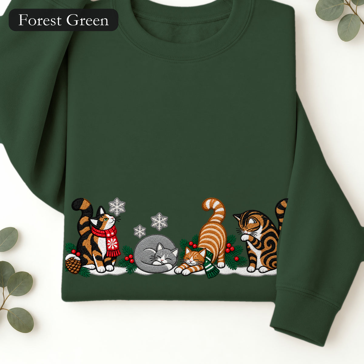 Embroidered Winter Cats Crewneck Sweatshirt | Cozy Christmas Cat Lineup in Scarves, Cat Lover Holiday Gift