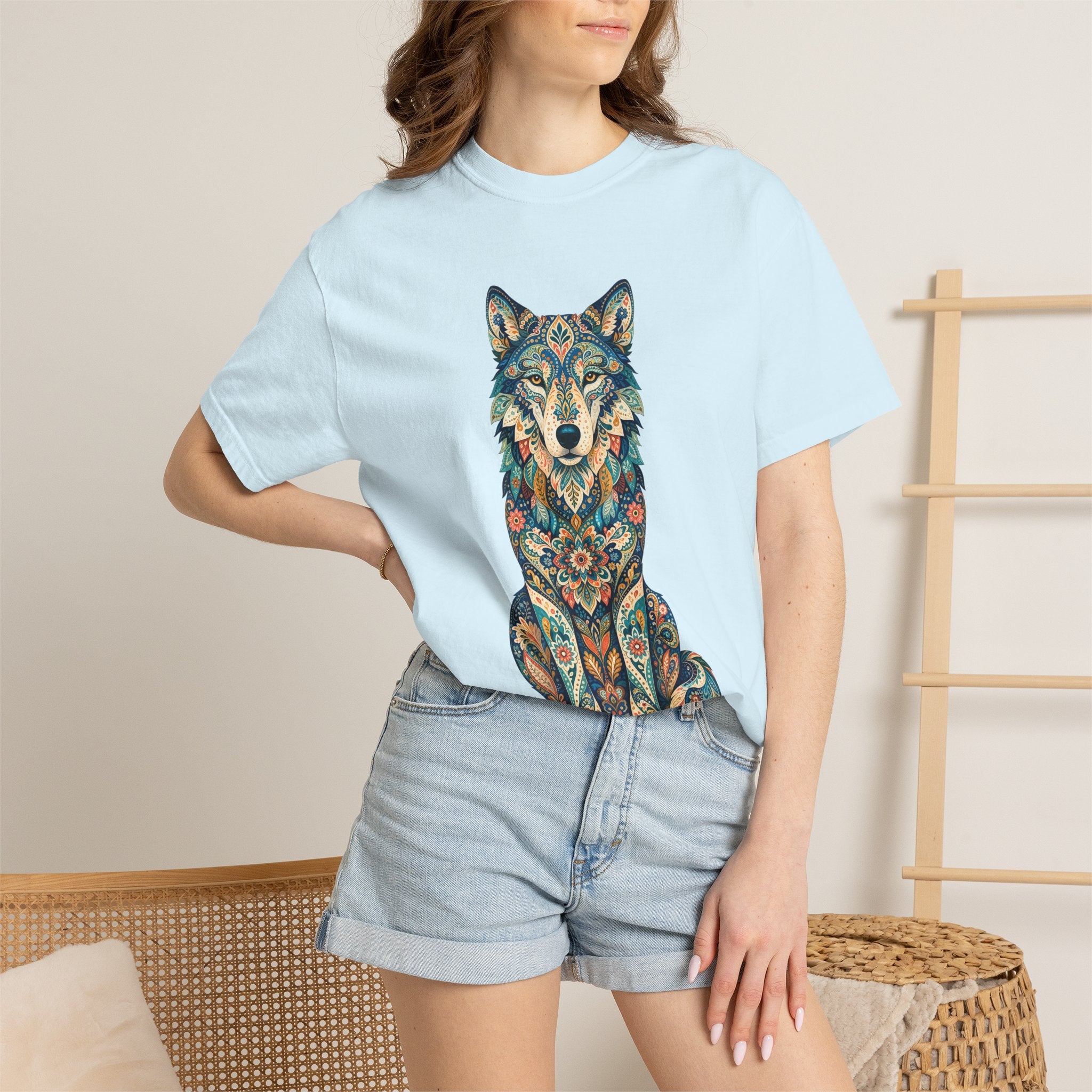 Boho Wolf Shirt, Folk Art Wolf Tee, Japanese Pattern Wolf Lover Gift, Vintage Floral Wolf Sweatshirt