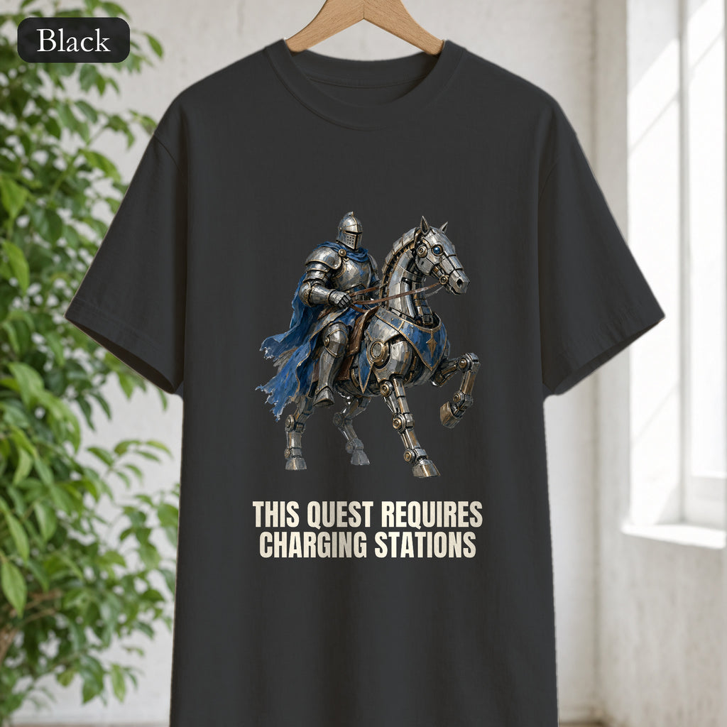 This Quest Requires Charging Stations Shirt, Knight Robot Horse Tee, Funny Gamer Tech Gift, Sci-Fi Fantasy Sweatshirt