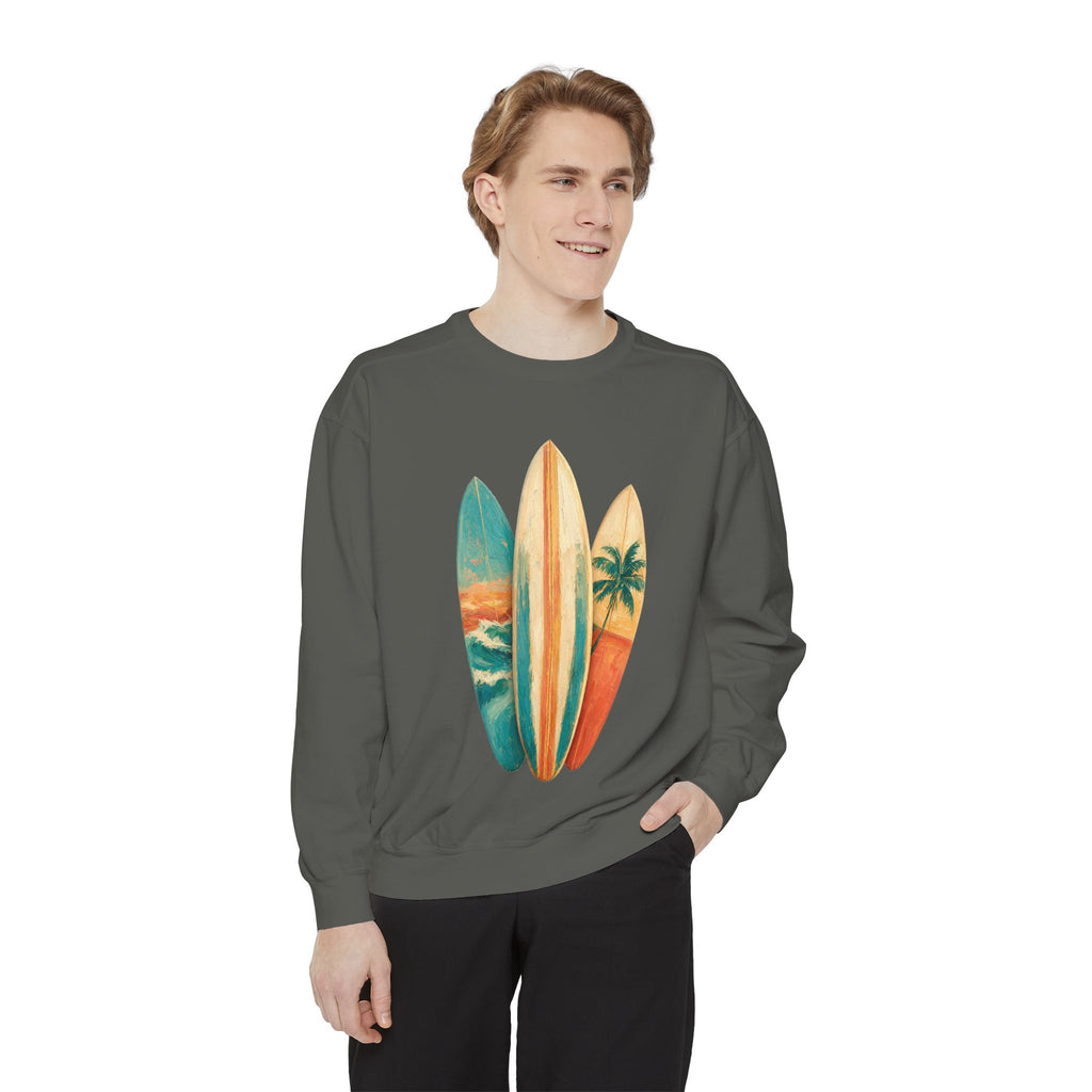 Vintage Surfboard Quarter Zip, Painterly Surf Art Pullover, Beach Coastal Surfer Gift, Summer Ocean Sweatshirt