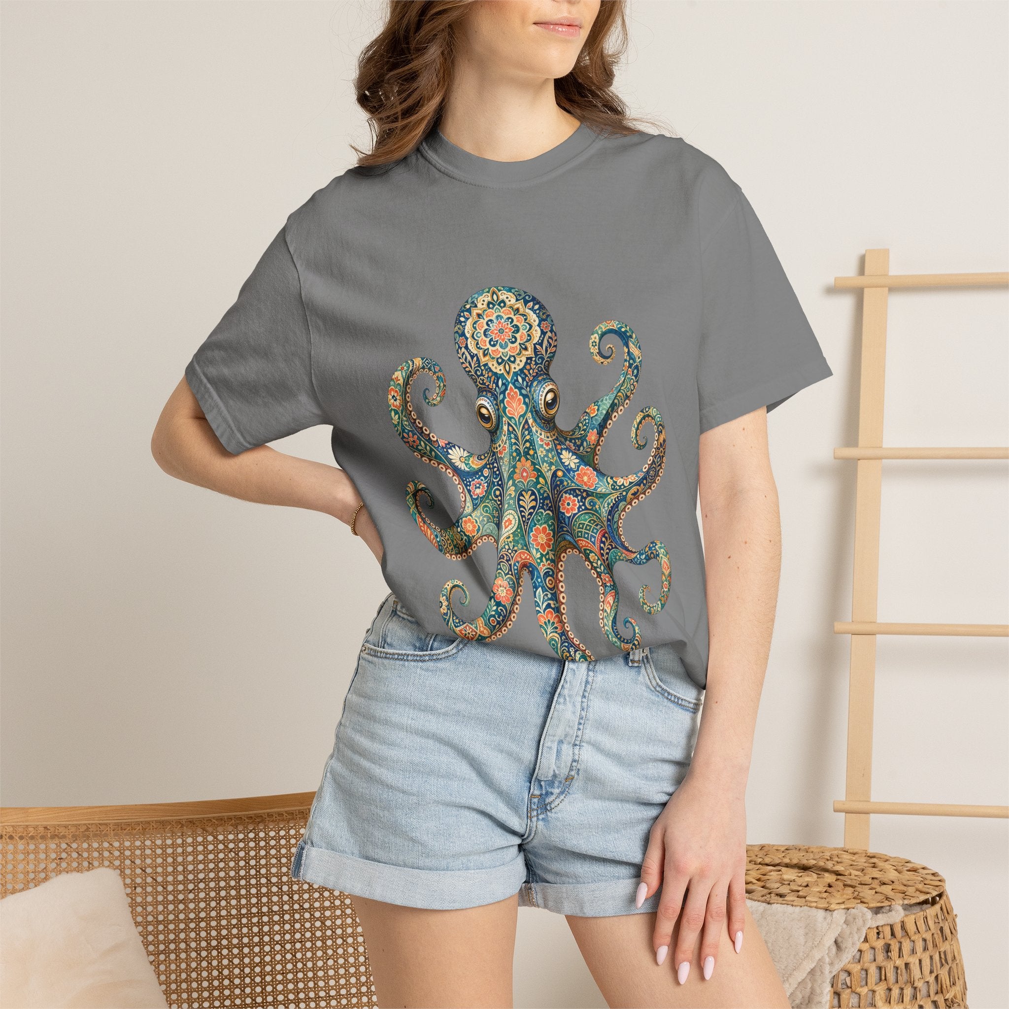 Boho Octopus Shirt, Folk Art Octopus Tee, Japanese Pattern Ocean Lover Gift, Vintage Floral Octopus Sweatshirt