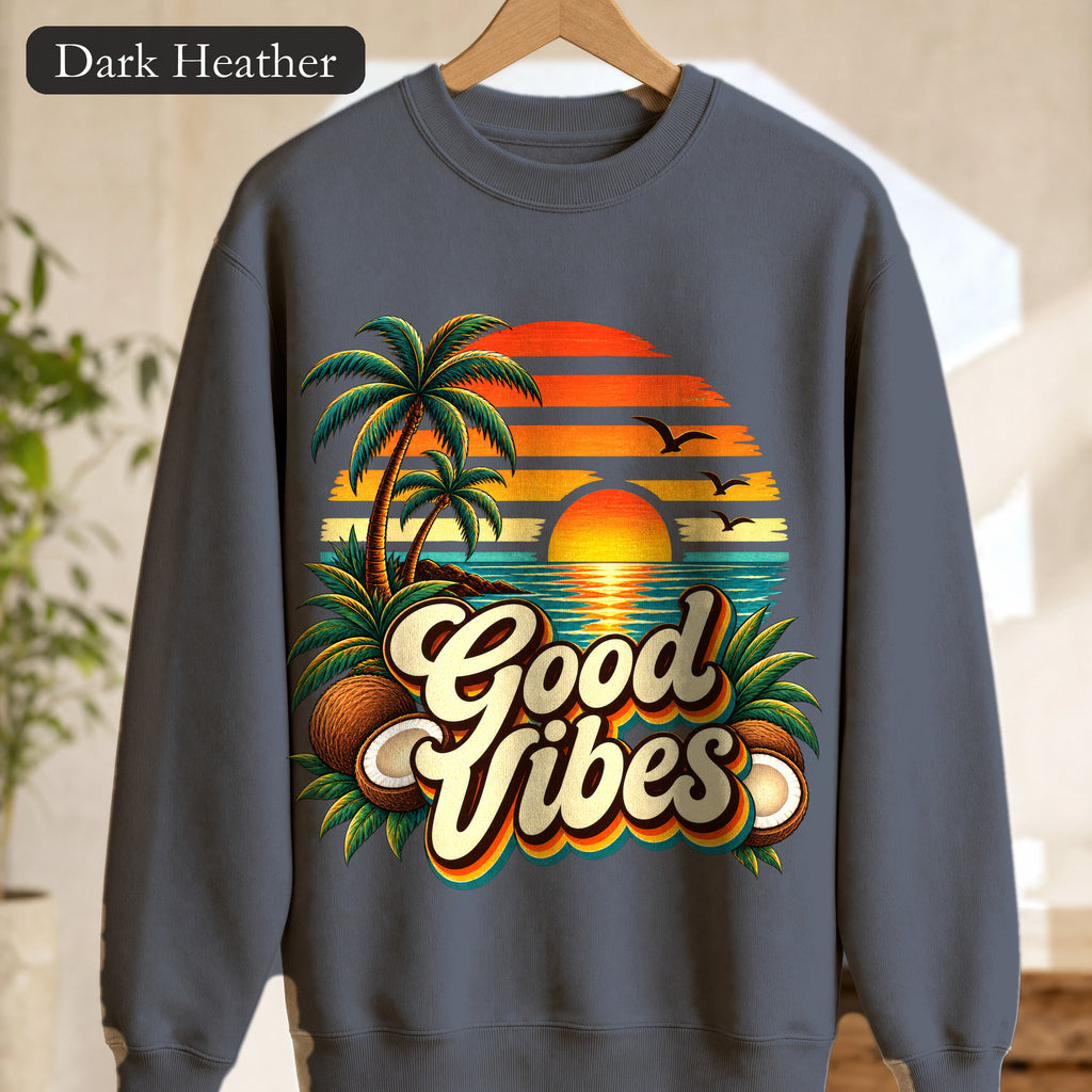 Good Vibes Sunset Palm Crewneck Sweatshirt | Retro Tropical Beach