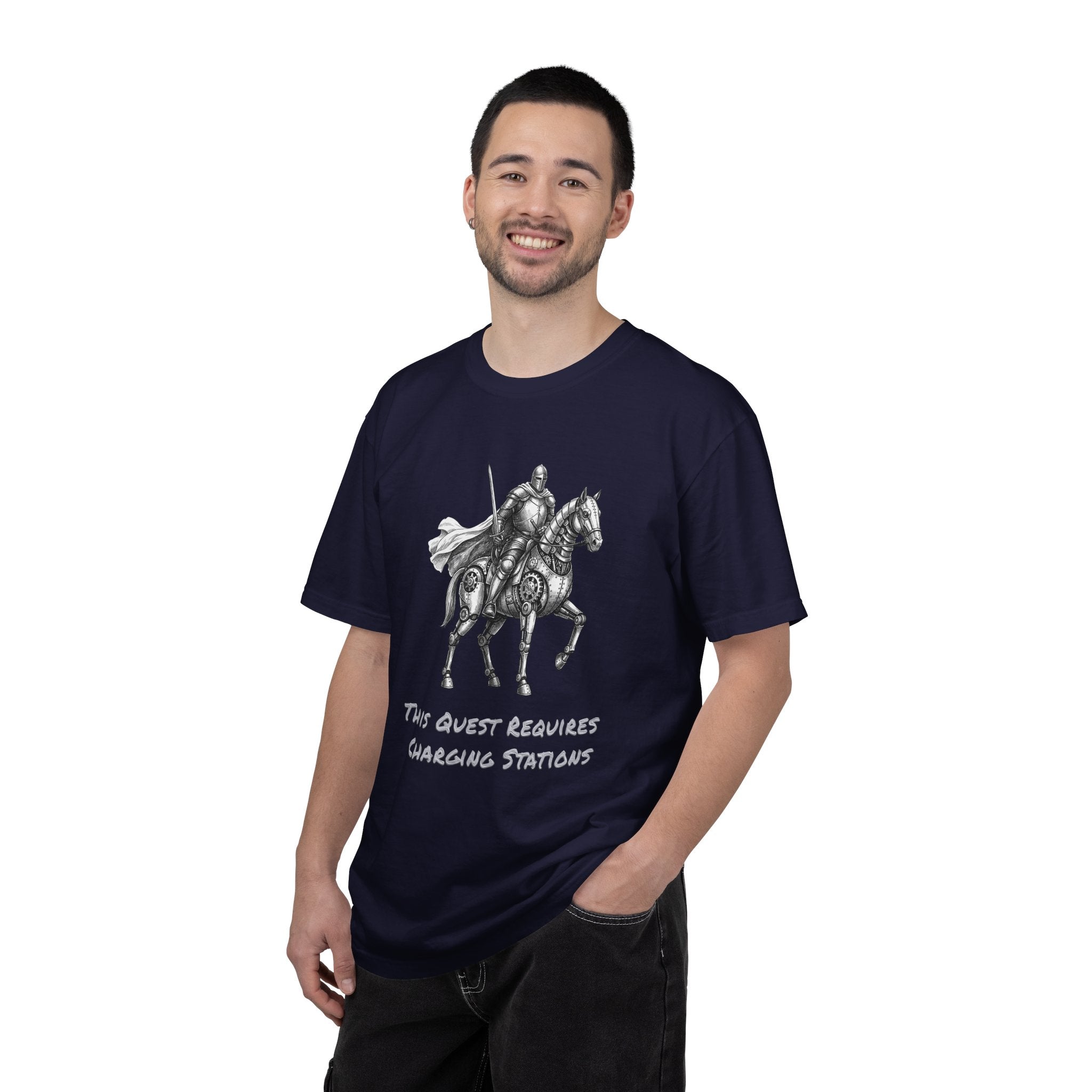 Knight & Robot Steed T-Shirt — This Quest Requires Charging Stations