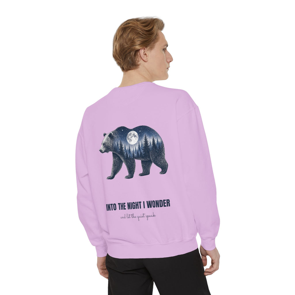 Into the Night I Wonder Shirt, Bear Double Exposure Tee, Moonlit Forest Camping Gift, Woodland Nature Sweatshirt
