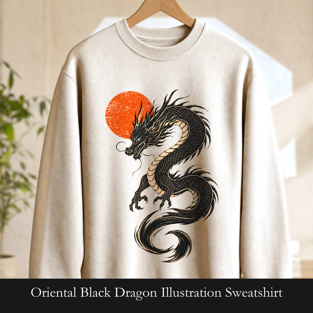Oriental Black Dragon Illustration Sweatshirt | Red Sun, Mythical Serpent, Minimalist design. Woodblack print design