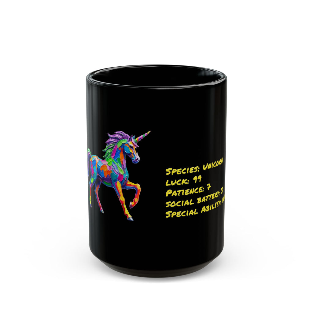 Black 15 oz coffee mug printed with a unicorn RPG stat card design