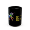 Black 15 oz coffee mug printed with a unicorn RPG stat card design