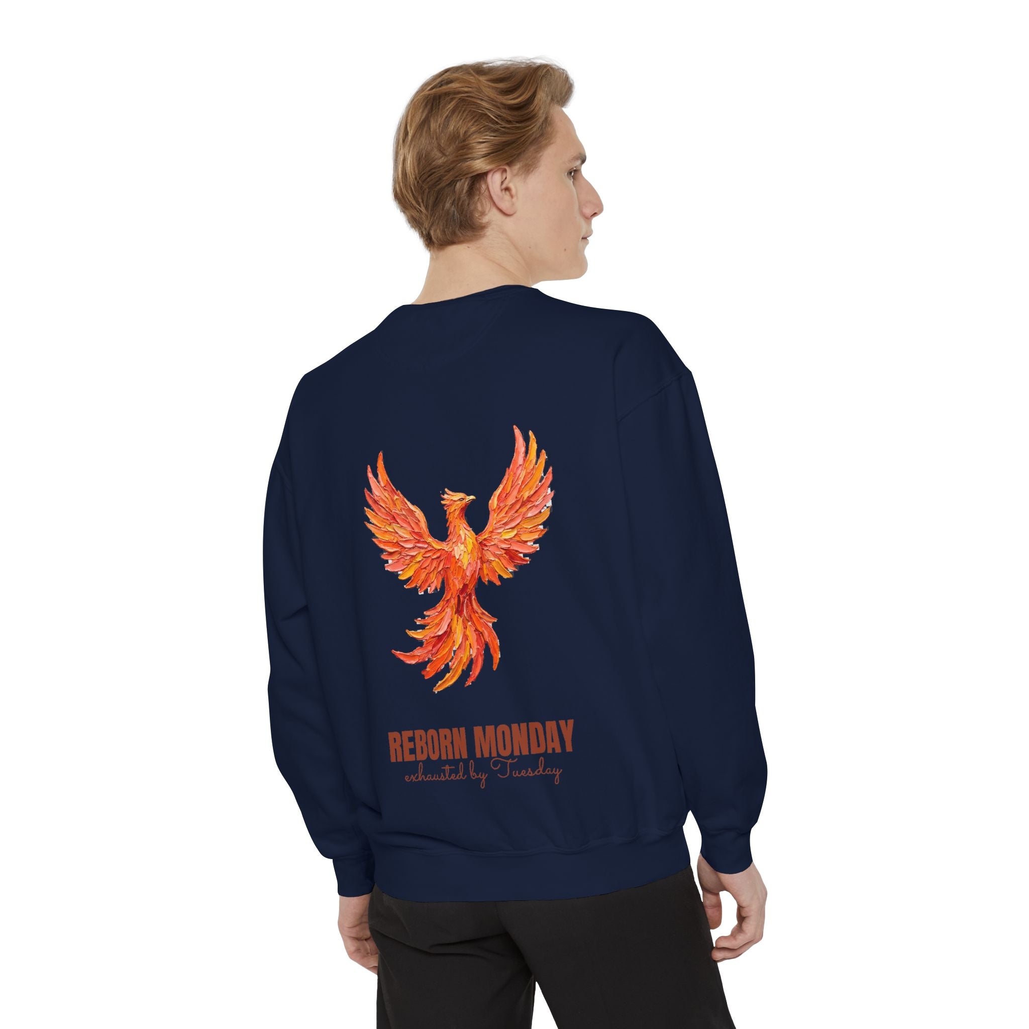 Reborn Monday Exhausted by Tuesday Shirt, Funny Phoenix Tee, Work Week Humor Gift, Painterly Fantasy Sweatshirt