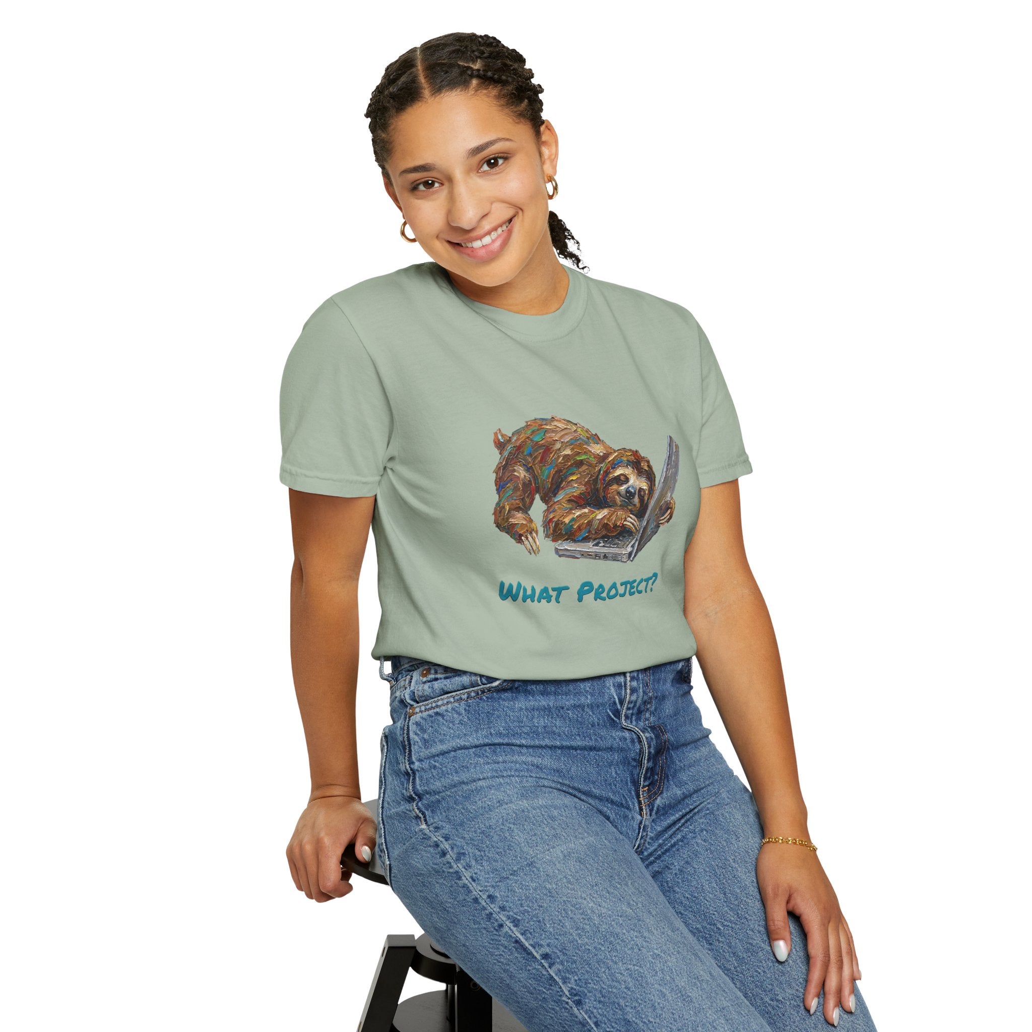 Sloth With Laptop T-Shirt — What Project? Funny Procrastination Tee