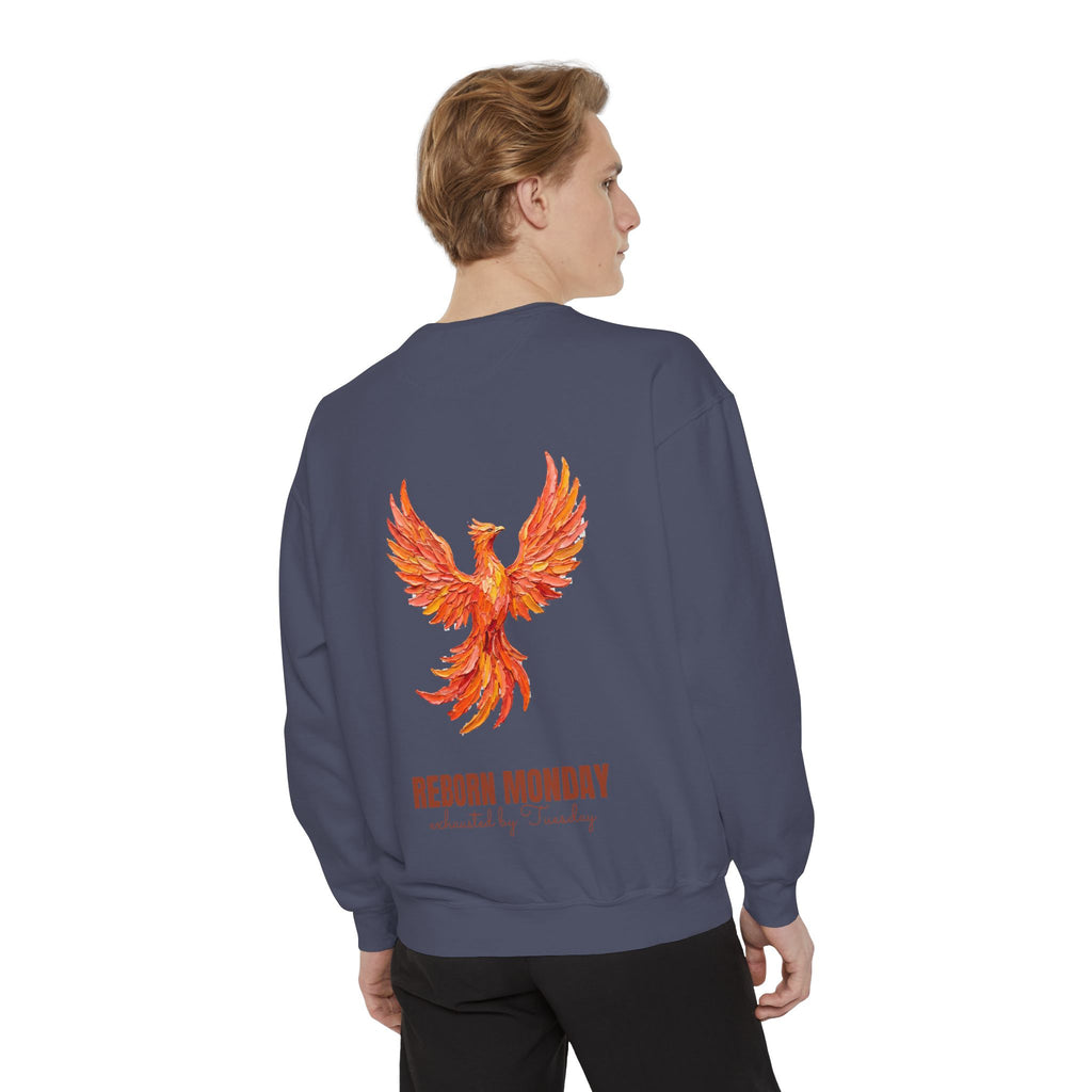 Reborn Monday Exhausted by Tuesday Shirt, Funny Phoenix Tee, Work Week Humor Gift, Painterly Fantasy Sweatshirt