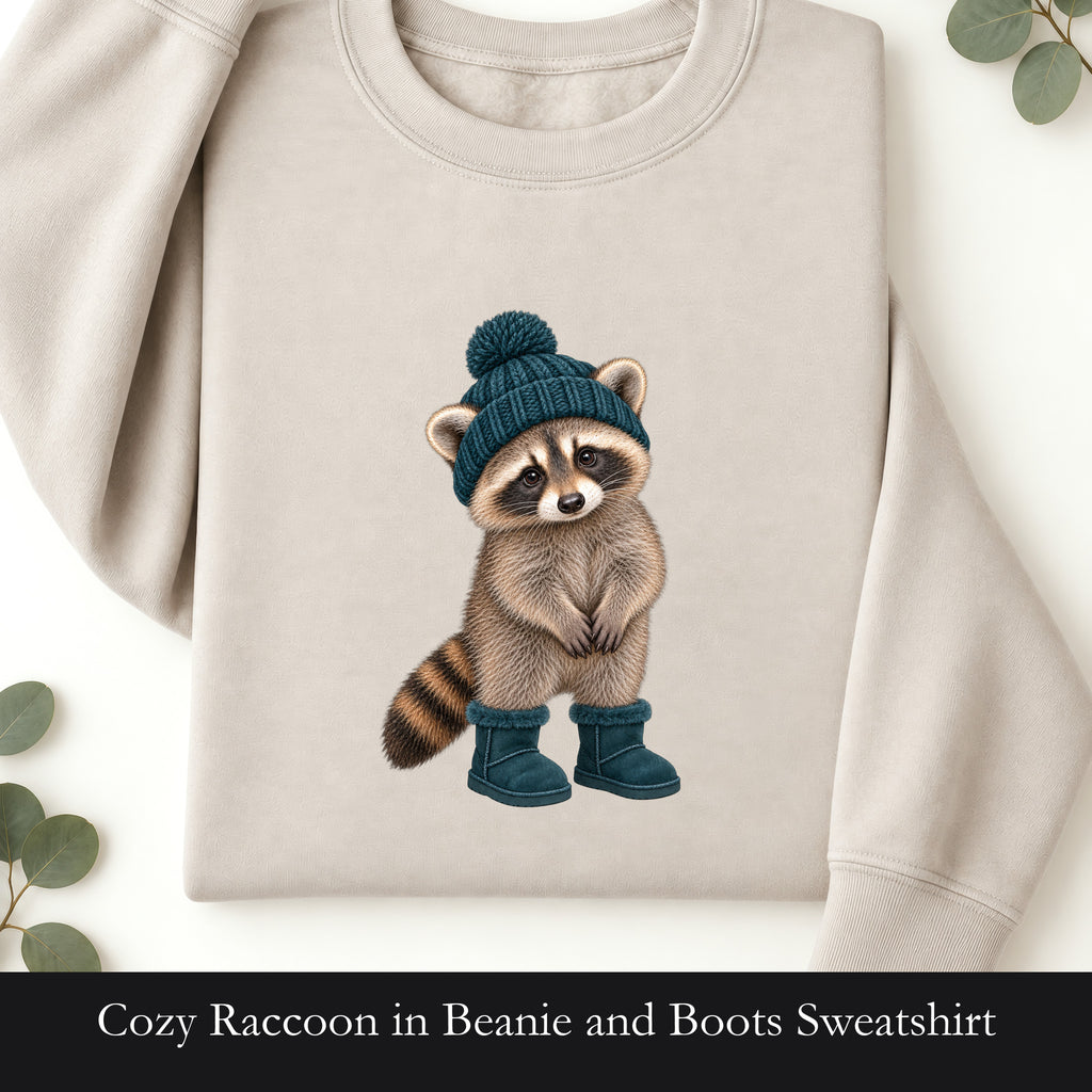 Cozy Raccoon in Beanie and Boots Sweatshirt | Cute Woodland Animal Crewneck