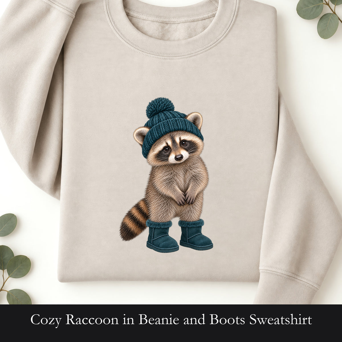 Cozy Raccoon in Beanie and Boots Sweatshirt | Cute Woodland Animal Crewneck