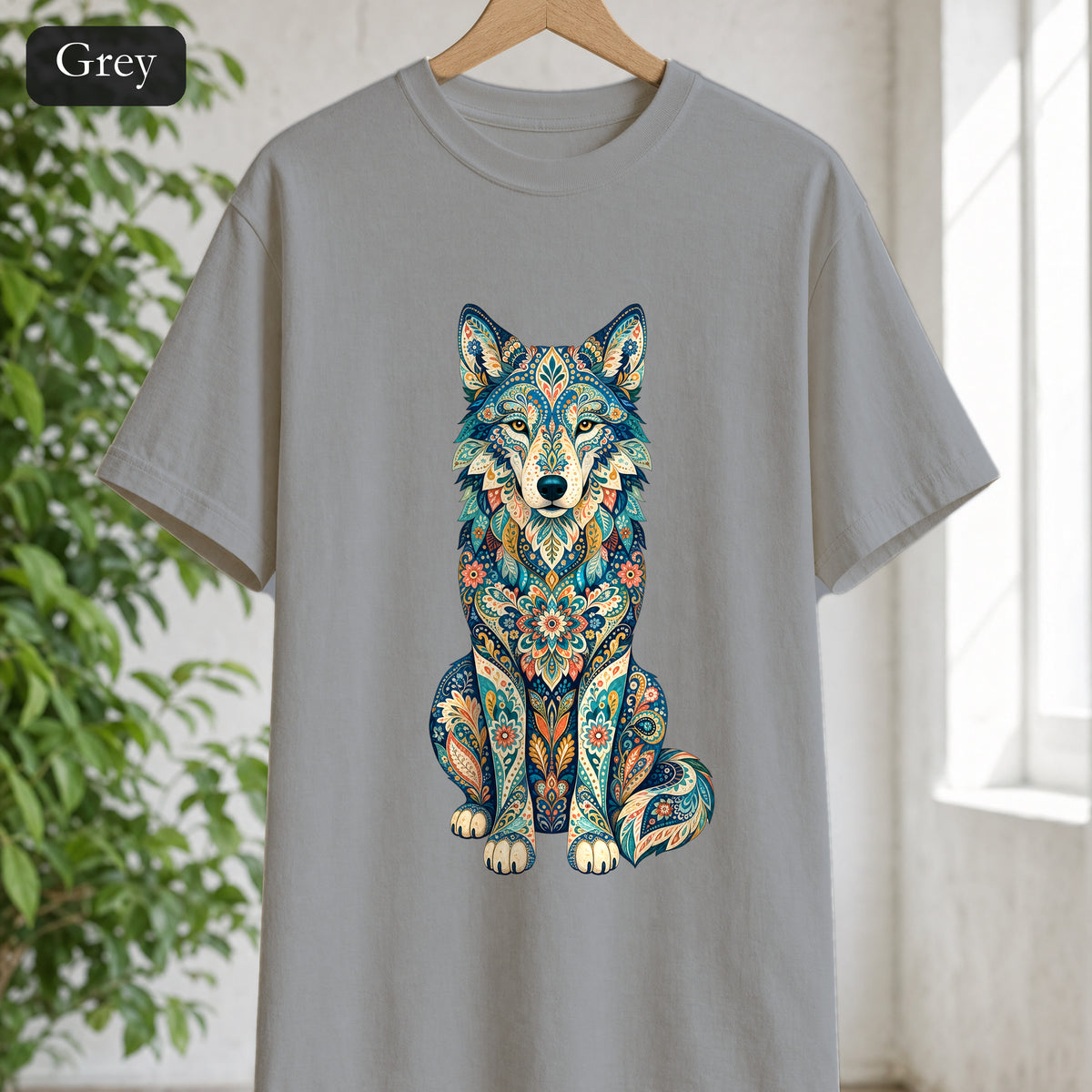 Boho Wolf Shirt, Folk Art Wolf Tee, Japanese Pattern Wolf Lover Gift, Vintage Floral Wolf Sweatshirt