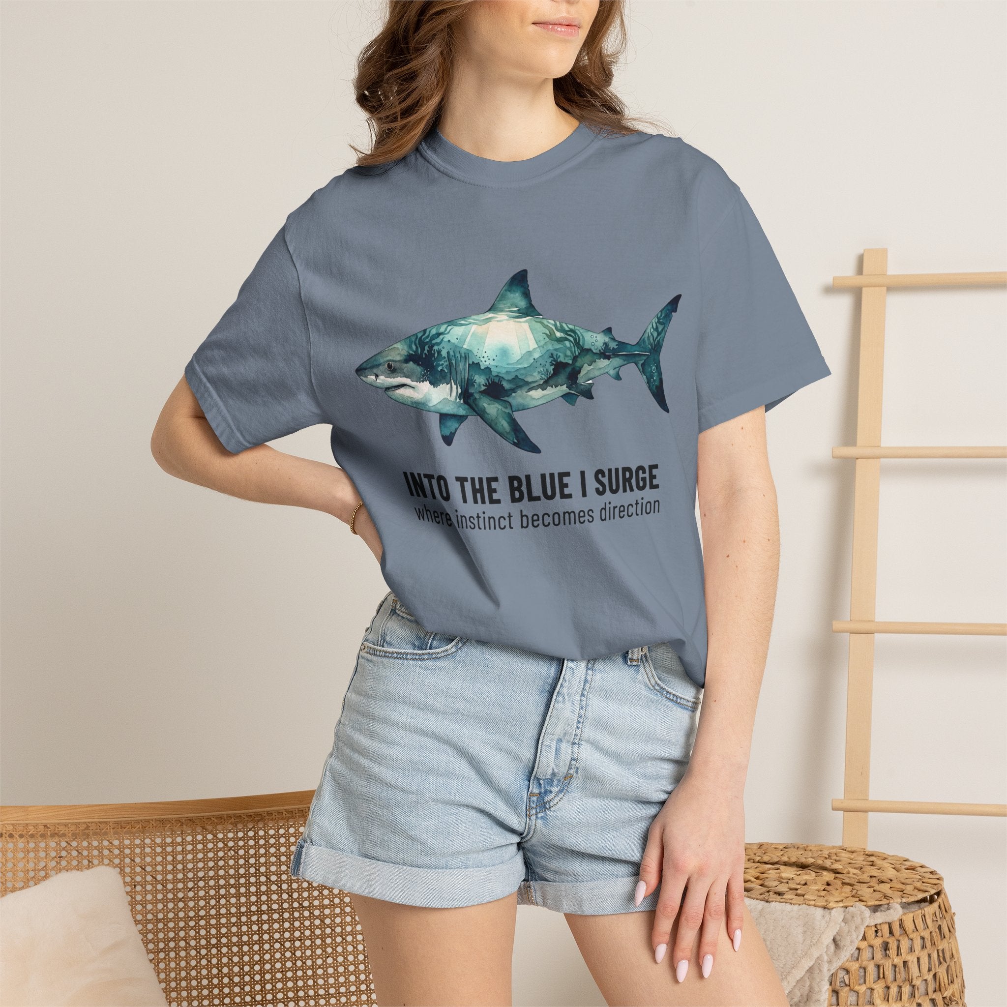 Shark Graphic Tee — "Into the Blue I Surge" Ocean Adventure T-Shirt