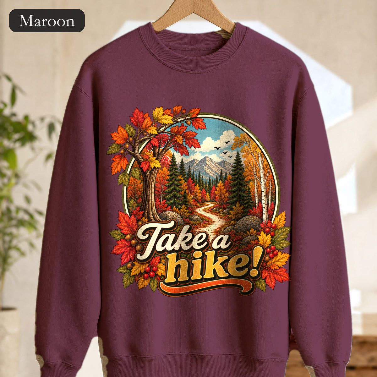 Take a Hike! retro mountain scene Crewneck Sweatshirt | autumn hiking design