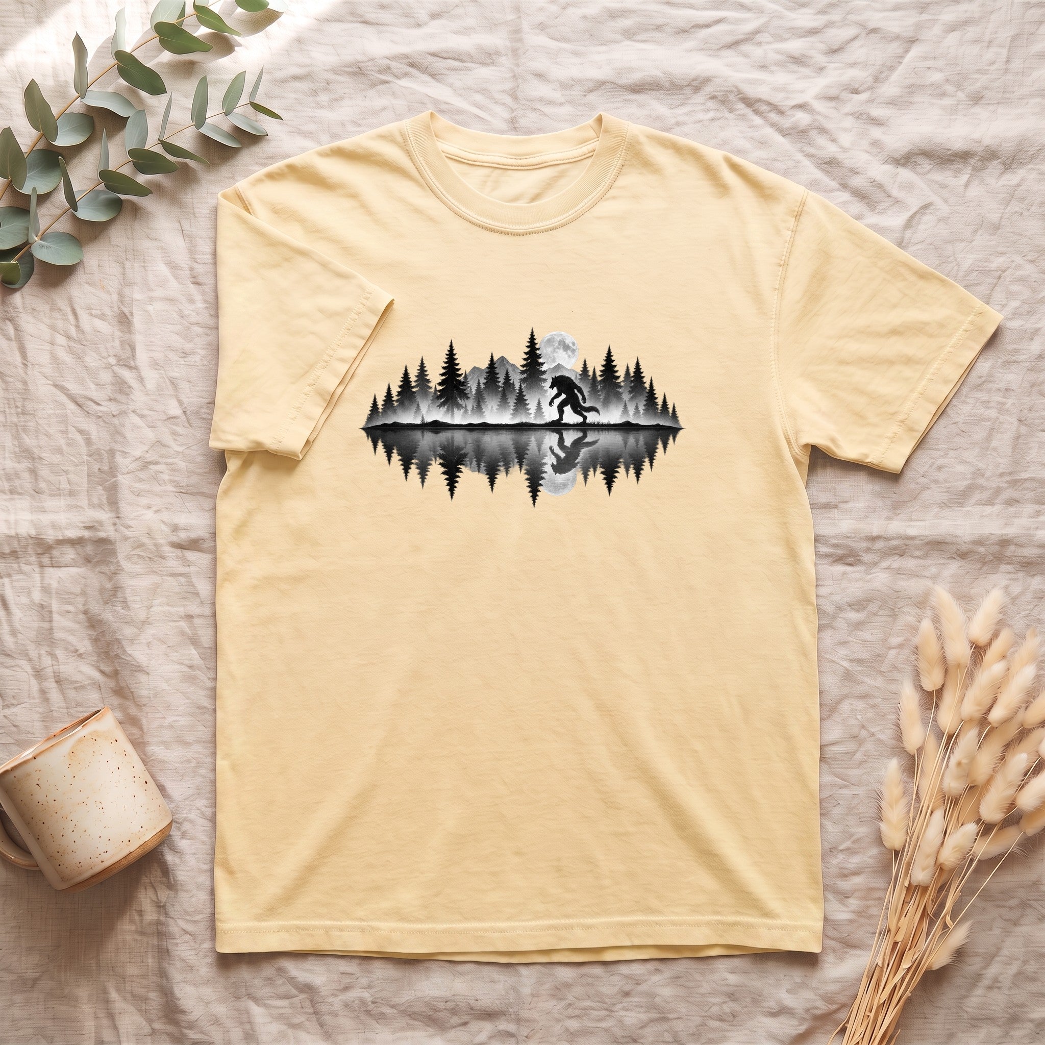 Werewolf Silhouette Moonlight Forest Shirt | Werewolf Lake Reflection