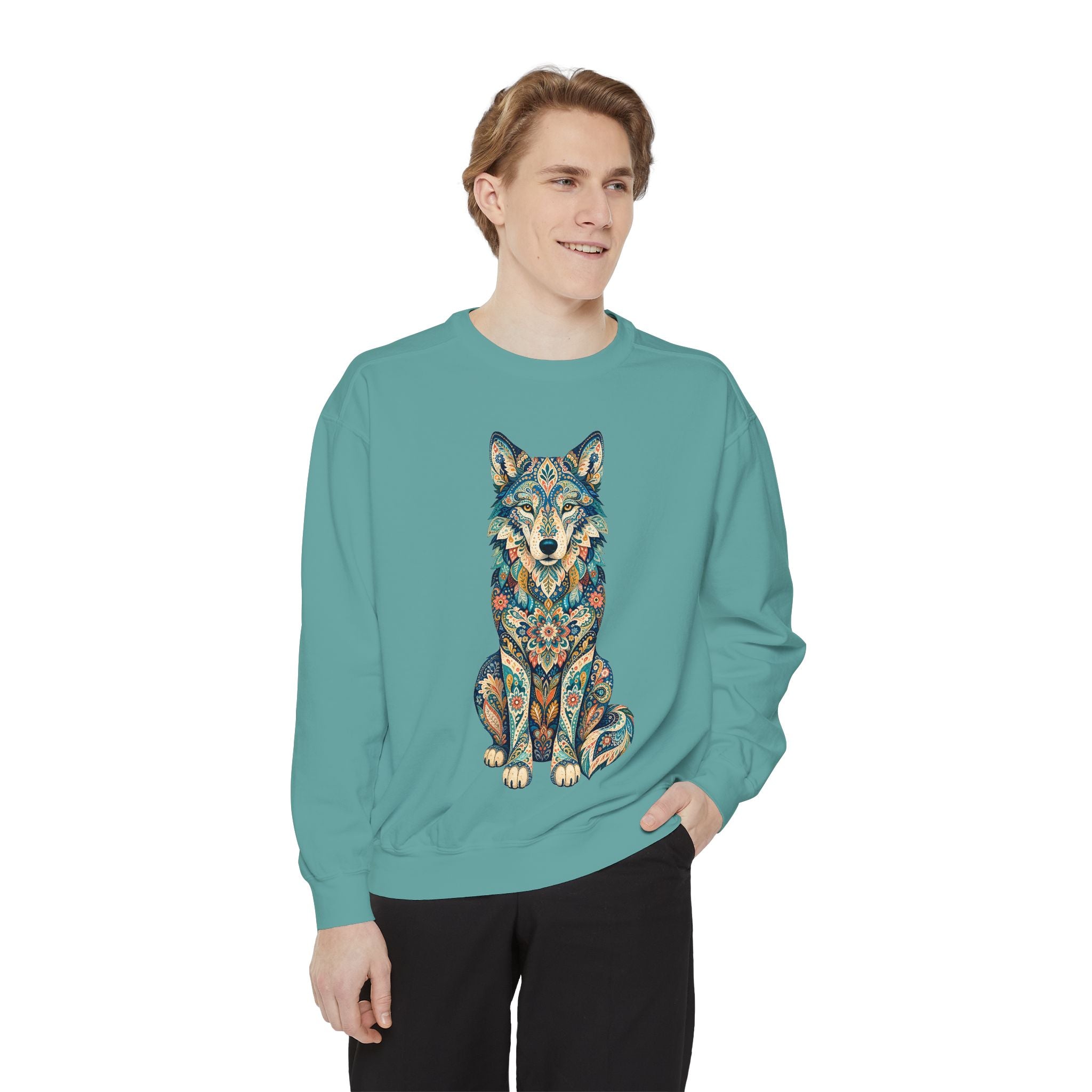 Boho Wolf Shirt, Folk Art Wolf Tee, Japanese Pattern Wolf Lover Gift, Vintage Floral Wolf Sweatshirt