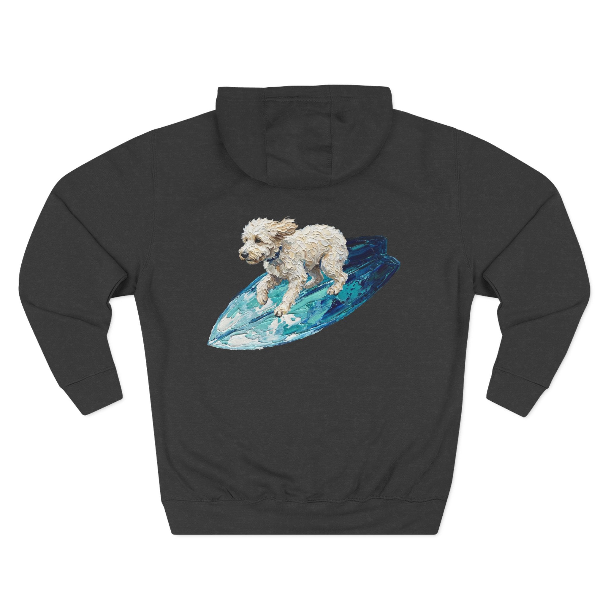 Surf Dog Hoodie — Cute White Dog Riding a Blue Surfboard Pullover