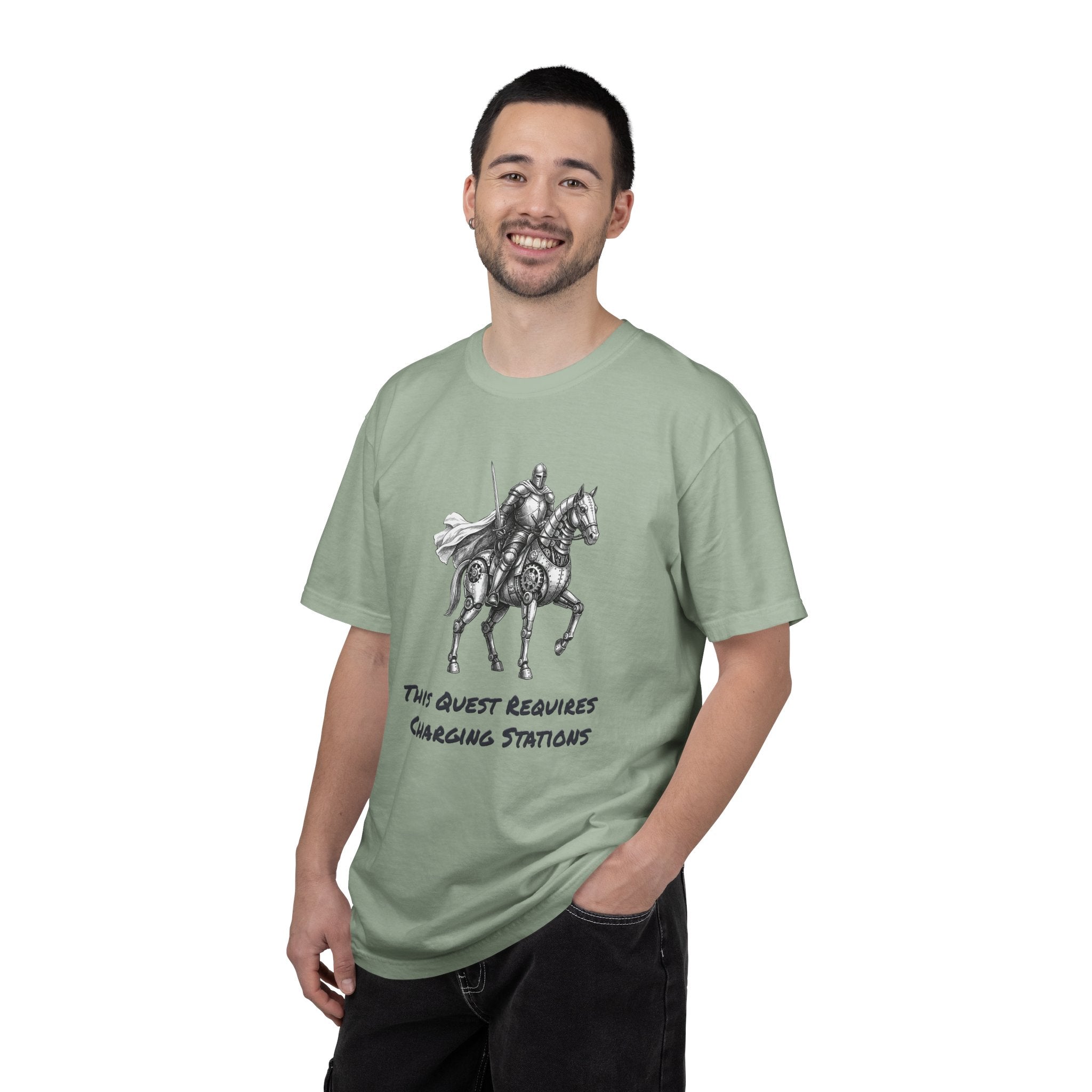 Knight & Robot Steed T-Shirt — This Quest Requires Charging Stations