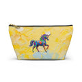 Zip accessory pouch printed with a vivid painterly rainbow unicorn