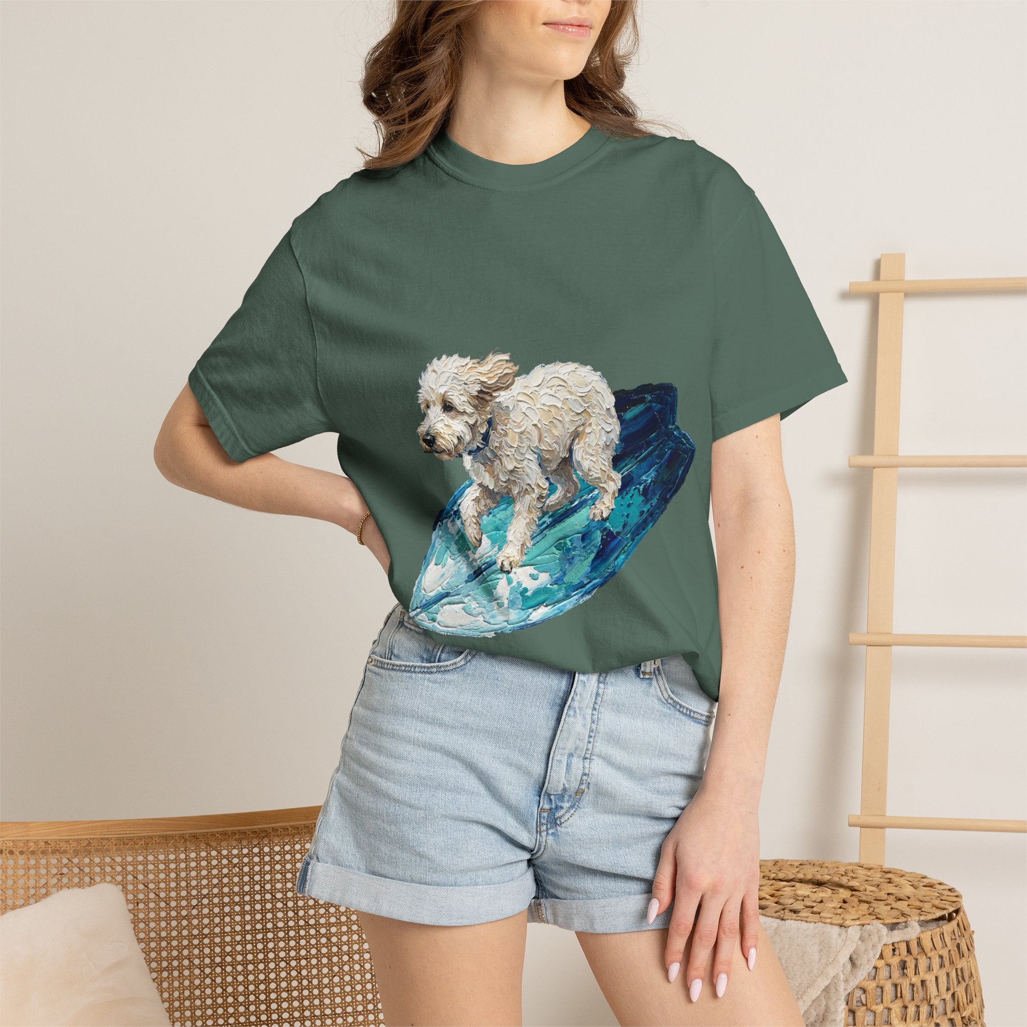 Surfing Dog Shirt, Painterly Surf Dog Tee, Beach Coastal Dog Lover Gift, Summer Ocean Dog Mom Sweatshirt