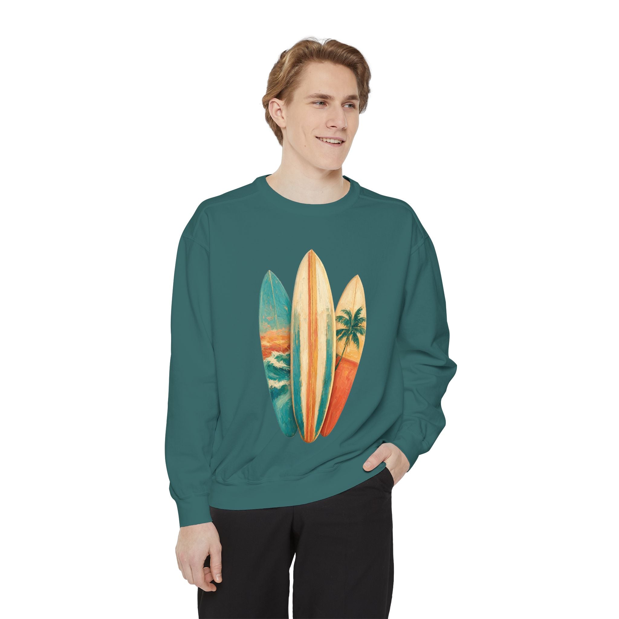 Vintage Surfboard Quarter Zip, Painterly Surf Art Pullover, Beach Coastal Surfer Gift, Summer Ocean Sweatshirt
