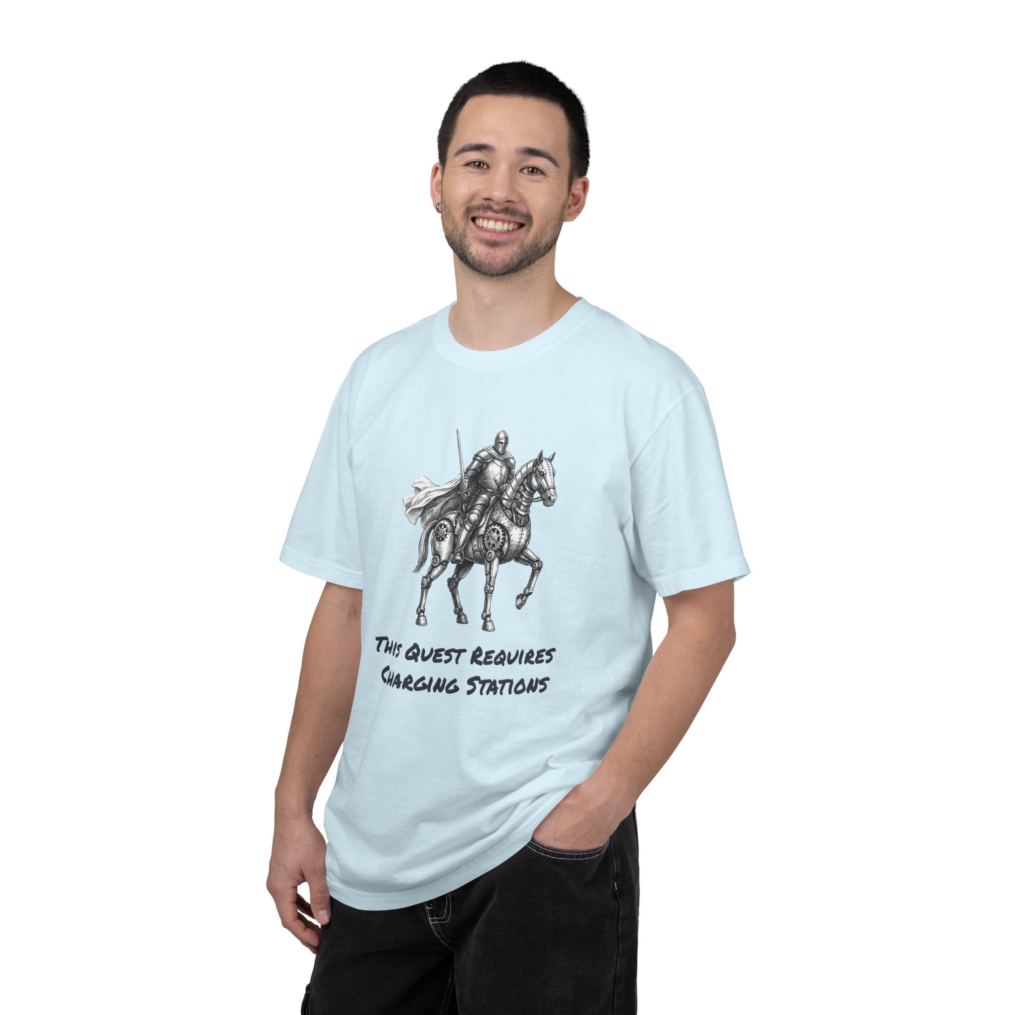 Knight & Robot Steed T-Shirt — This Quest Requires Charging Stations