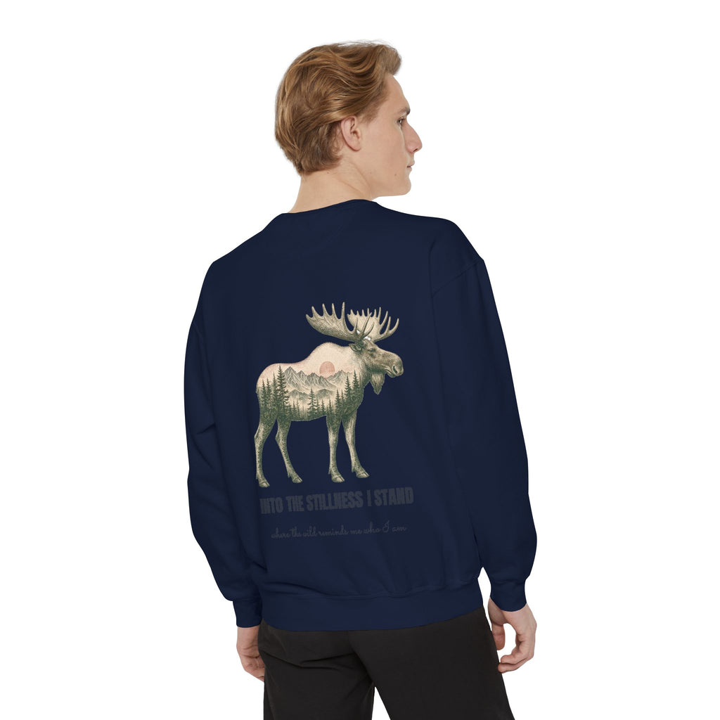 Into the Stillness I Stand Shirt, Moose Double Exposure Tee, Mountain Wilderness Camping Gift, Woodland Nature Sweatshirt