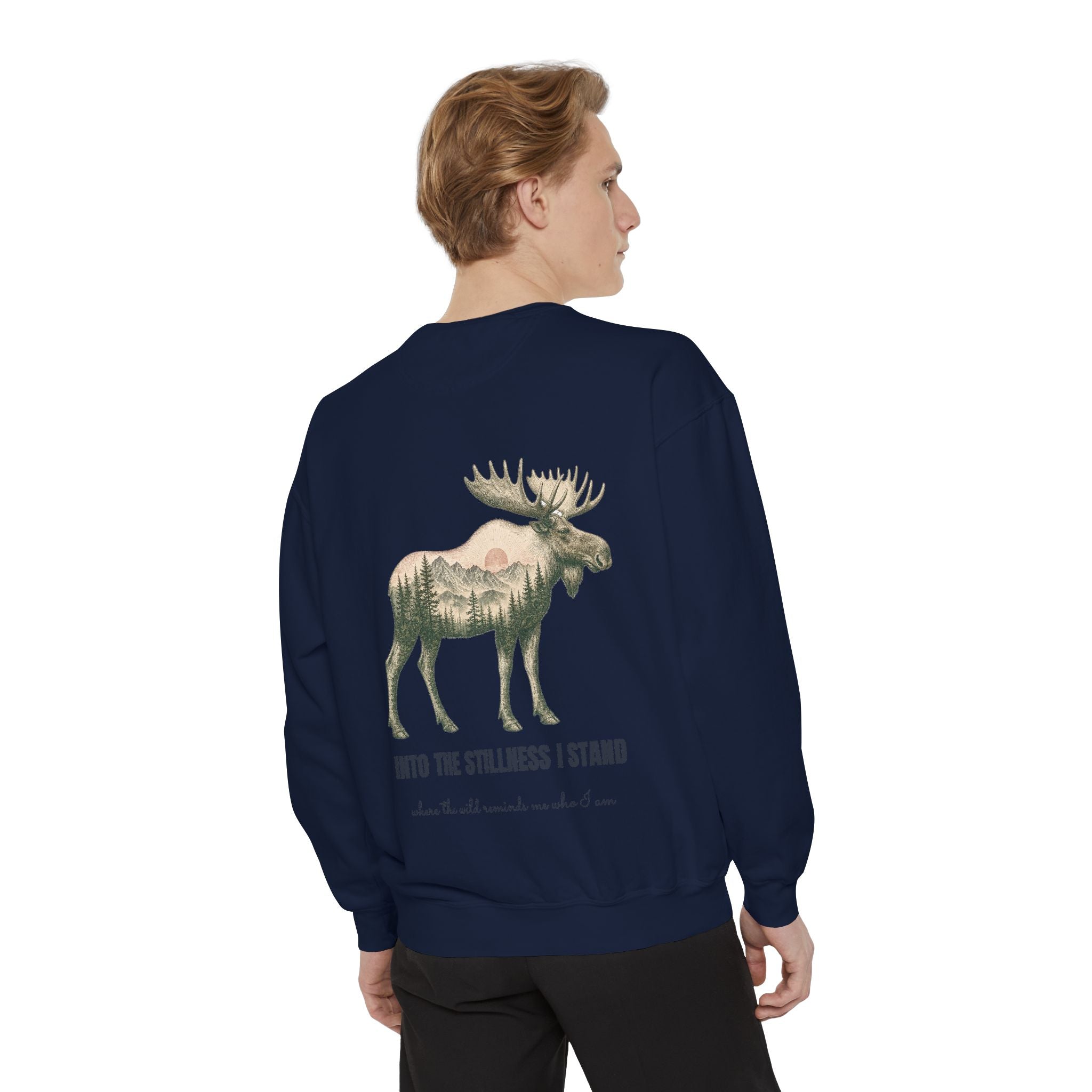 Into the Stillness I Stand Shirt, Moose Double Exposure Tee, Mountain Wilderness Camping Gift, Woodland Nature Sweatshirt