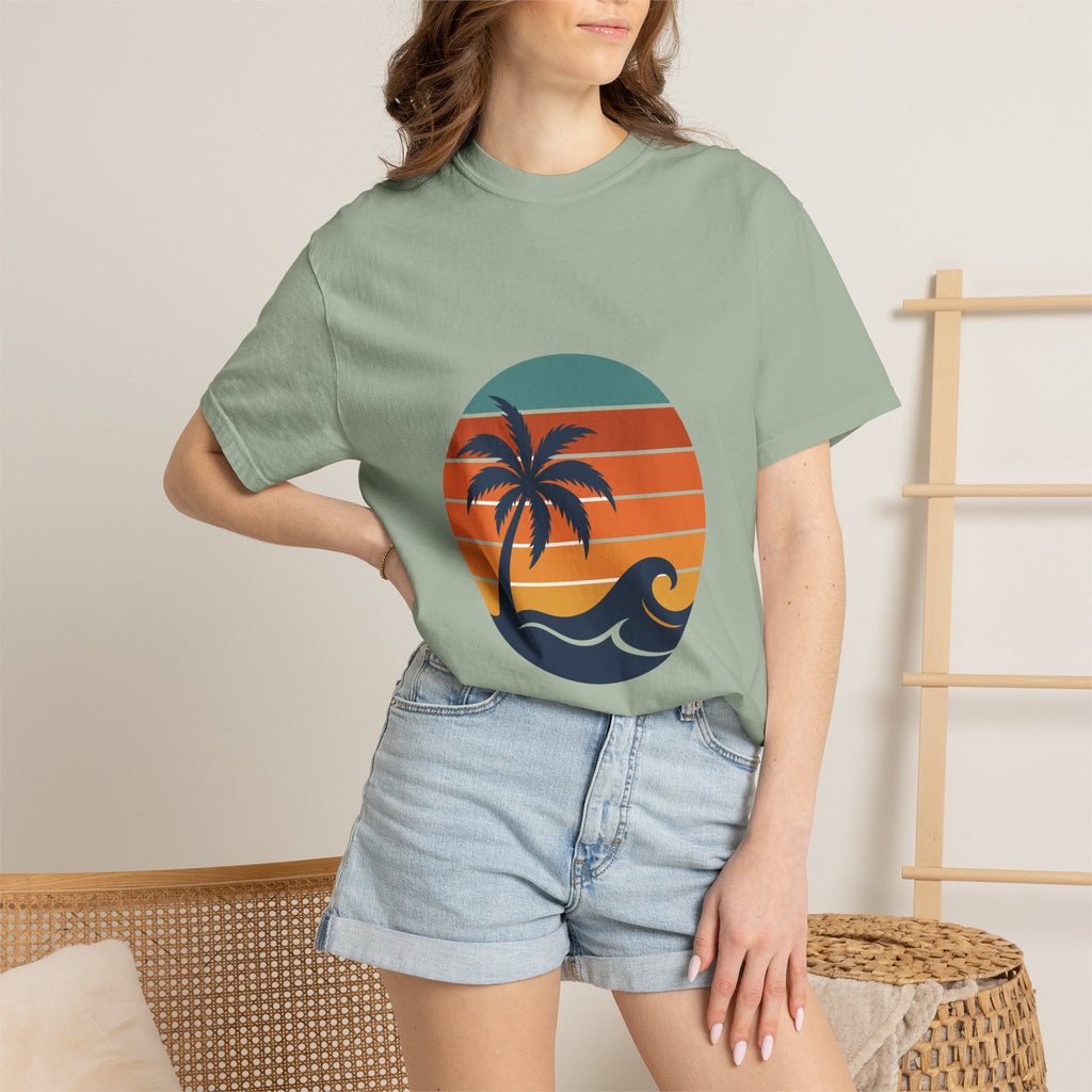 Retro Sunset Beach Shirt, Vintage Palm Tee, Ocean Surf Gift, 70s Coastal Landscape Sweatshirt