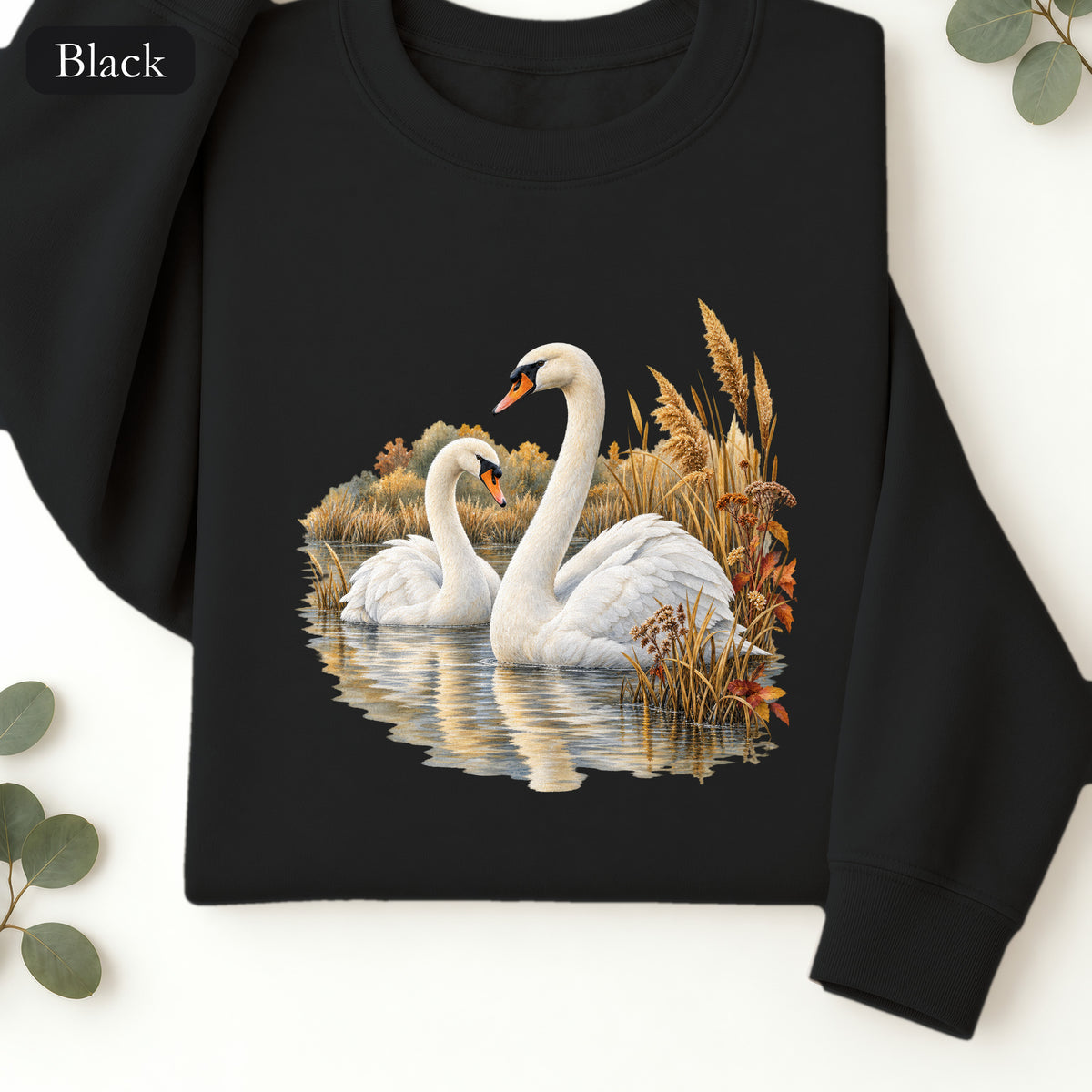 Swan Pair Crewneck Sweatshirt | White Swans Pond Illustration