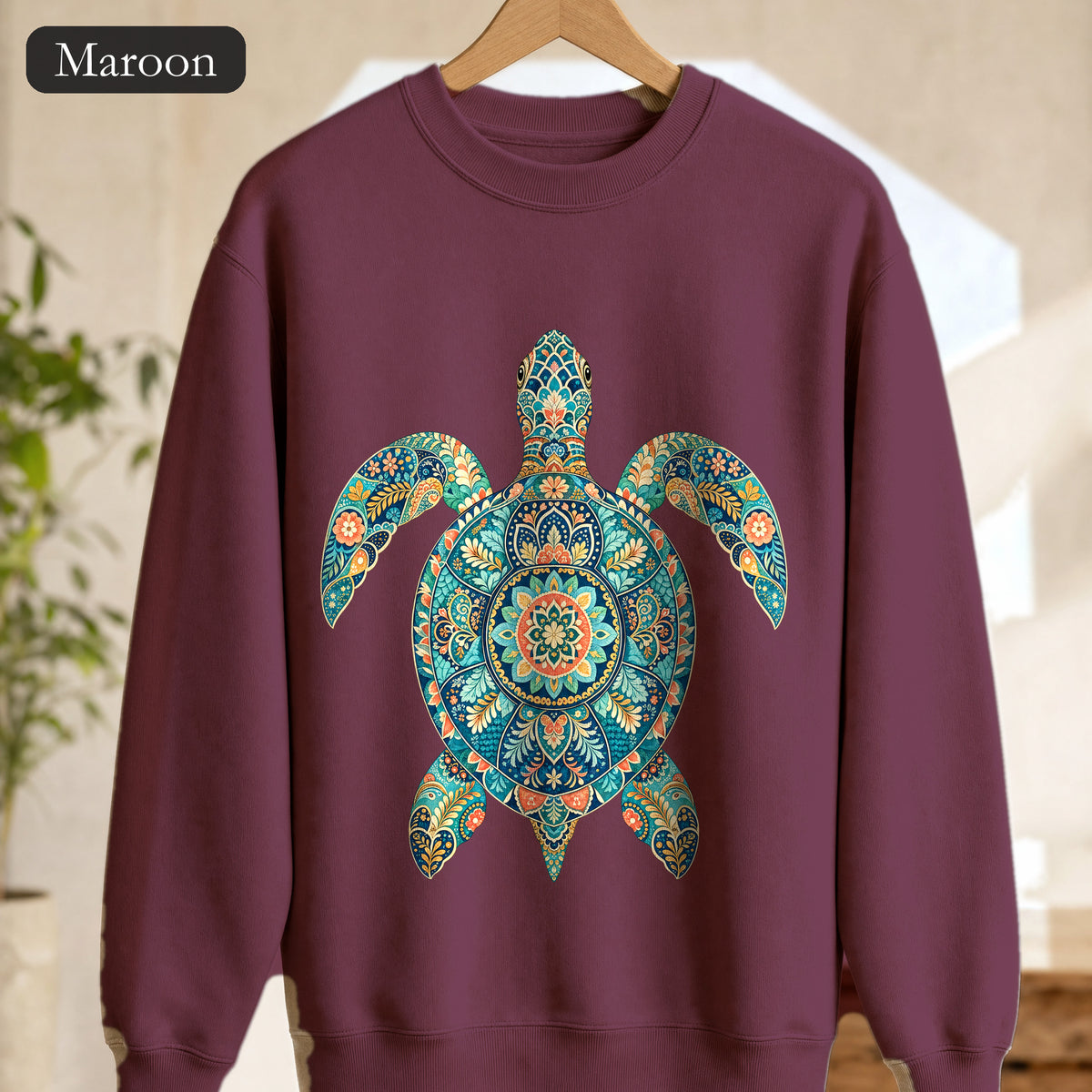 Boho Sea Turtle Shirt, Folk Art Turtle Tee, Japanese Pattern Ocean Lover Gift, Vintage Floral Turtle Sweatshirt