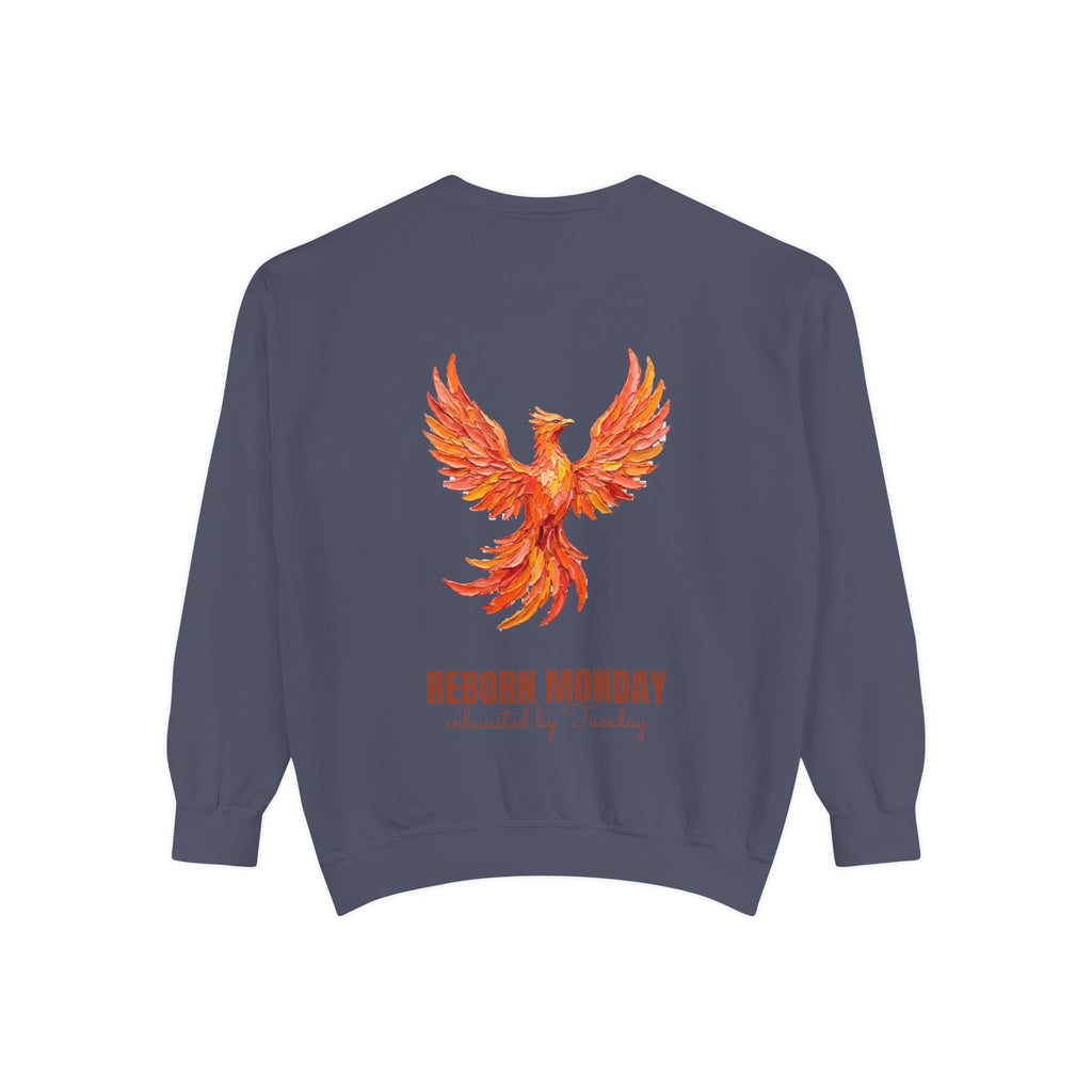 Reborn Monday Exhausted by Tuesday Shirt, Funny Phoenix Tee, Work Week Humor Gift, Painterly Fantasy Sweatshirt