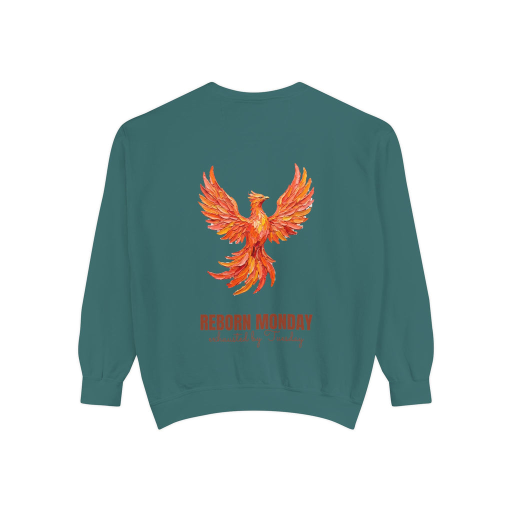 Reborn Monday Exhausted by Tuesday Shirt, Funny Phoenix Tee, Work Week Humor Gift, Painterly Fantasy Sweatshirt