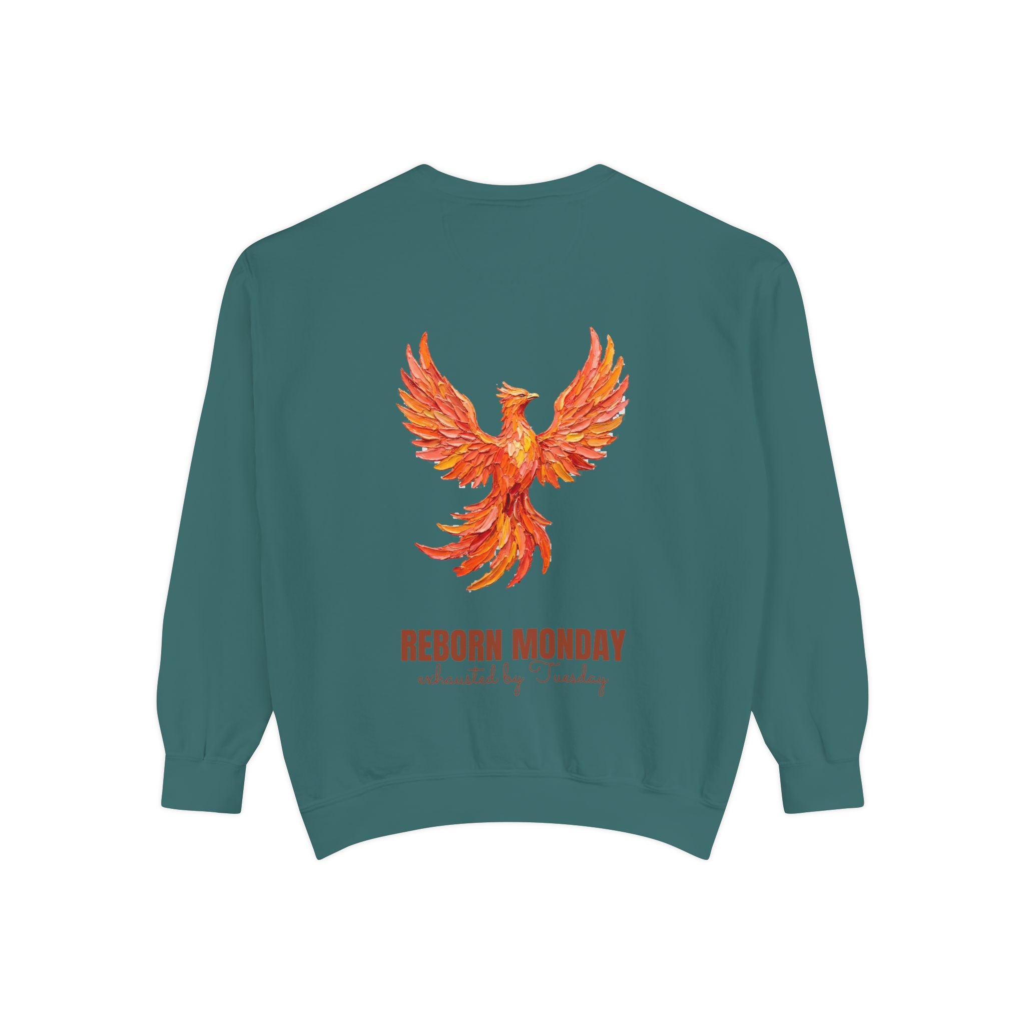 Reborn Monday Exhausted by Tuesday Shirt, Funny Phoenix Tee, Work Week Humor Gift, Painterly Fantasy Sweatshirt