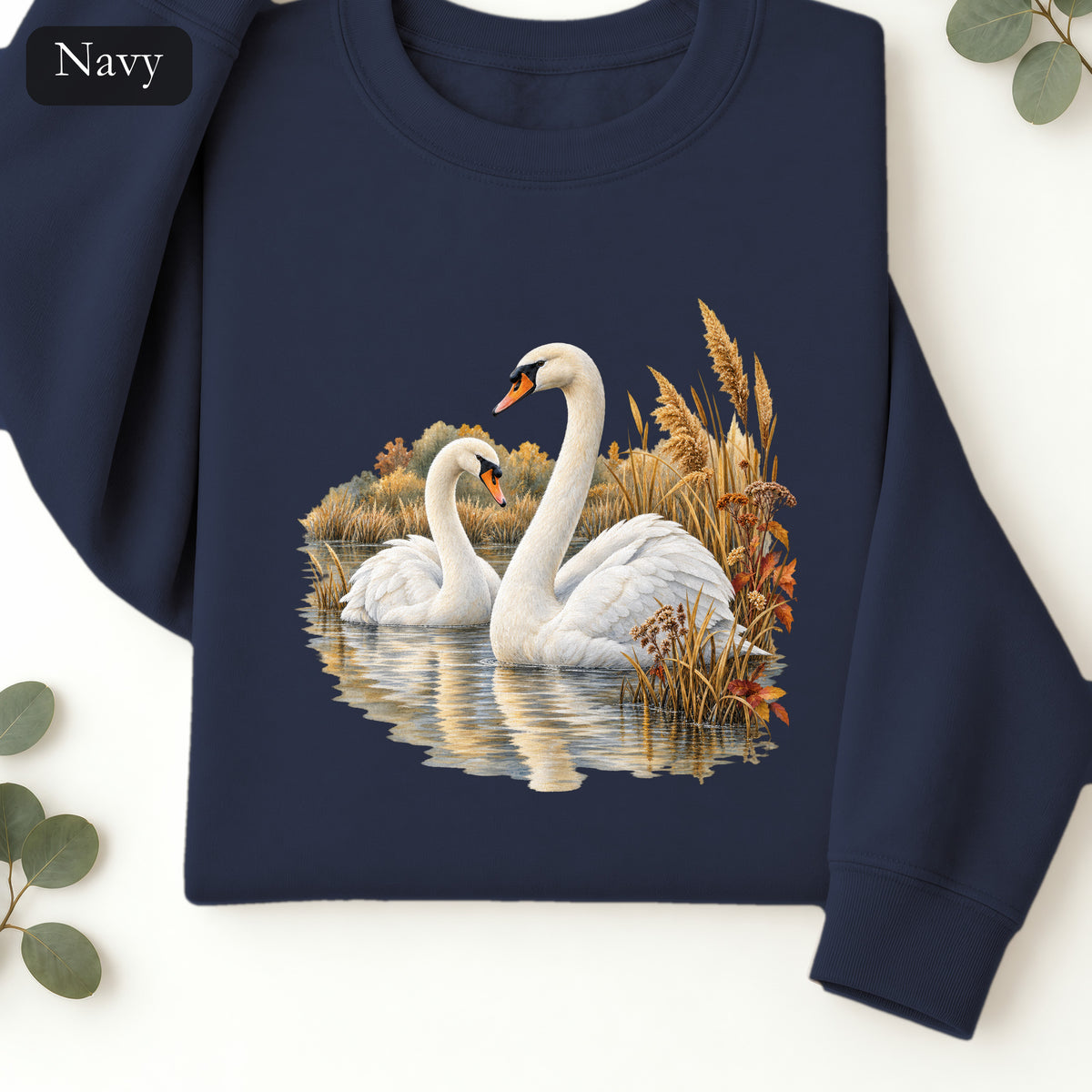 Swan Pair Crewneck Sweatshirt | White Swans Pond Illustration