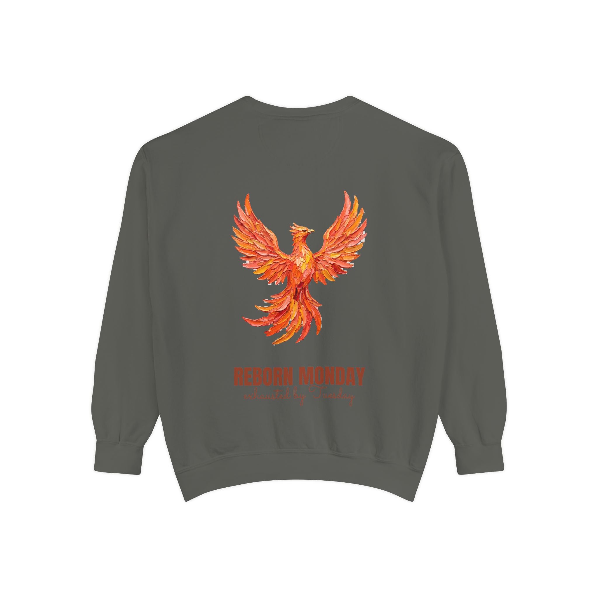 Reborn Monday Exhausted by Tuesday Shirt, Funny Phoenix Tee, Work Week Humor Gift, Painterly Fantasy Sweatshirt