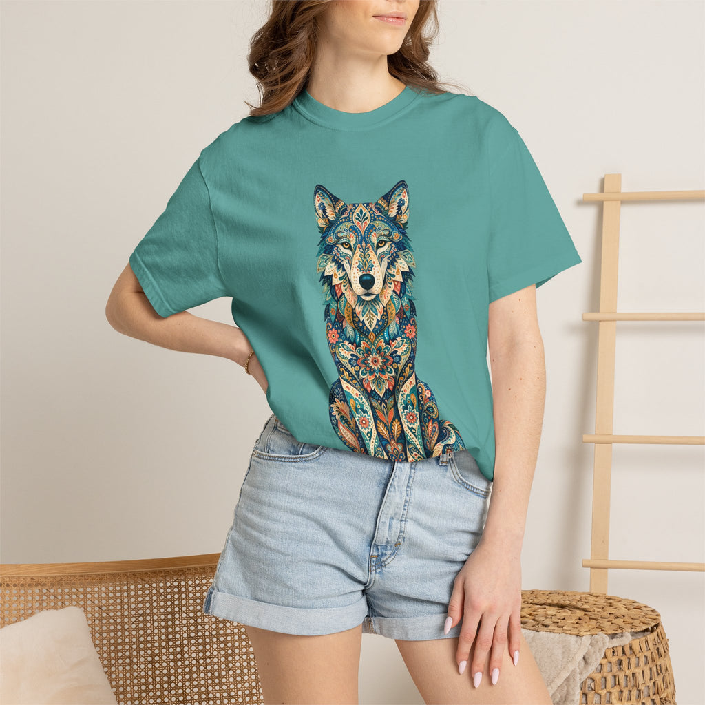 Boho Wolf Shirt, Folk Art Wolf Tee, Japanese Pattern Wolf Lover Gift, Vintage Floral Wolf Sweatshirt