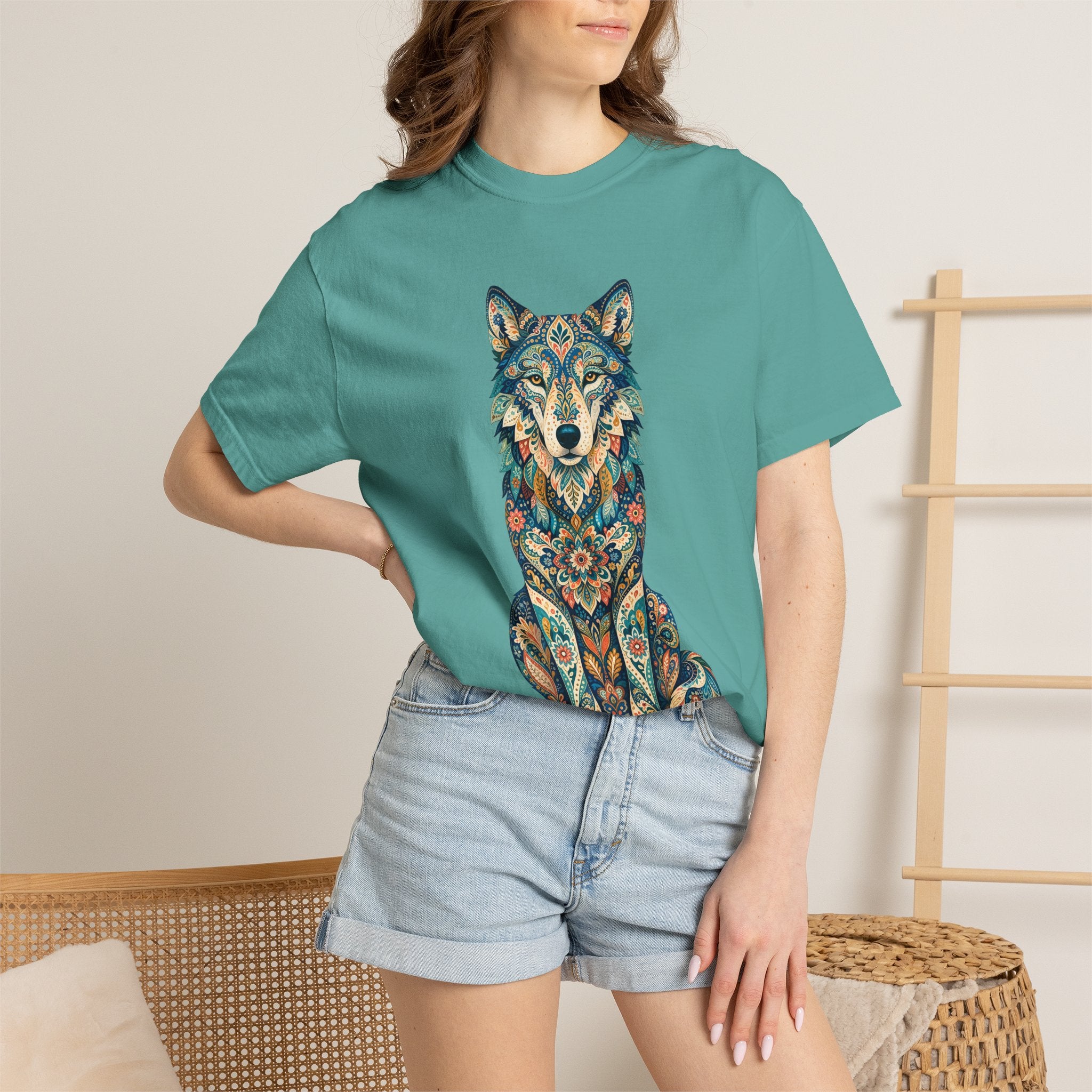 Boho Wolf Shirt, Folk Art Wolf Tee, Japanese Pattern Wolf Lover Gift, Vintage Floral Wolf Sweatshirt