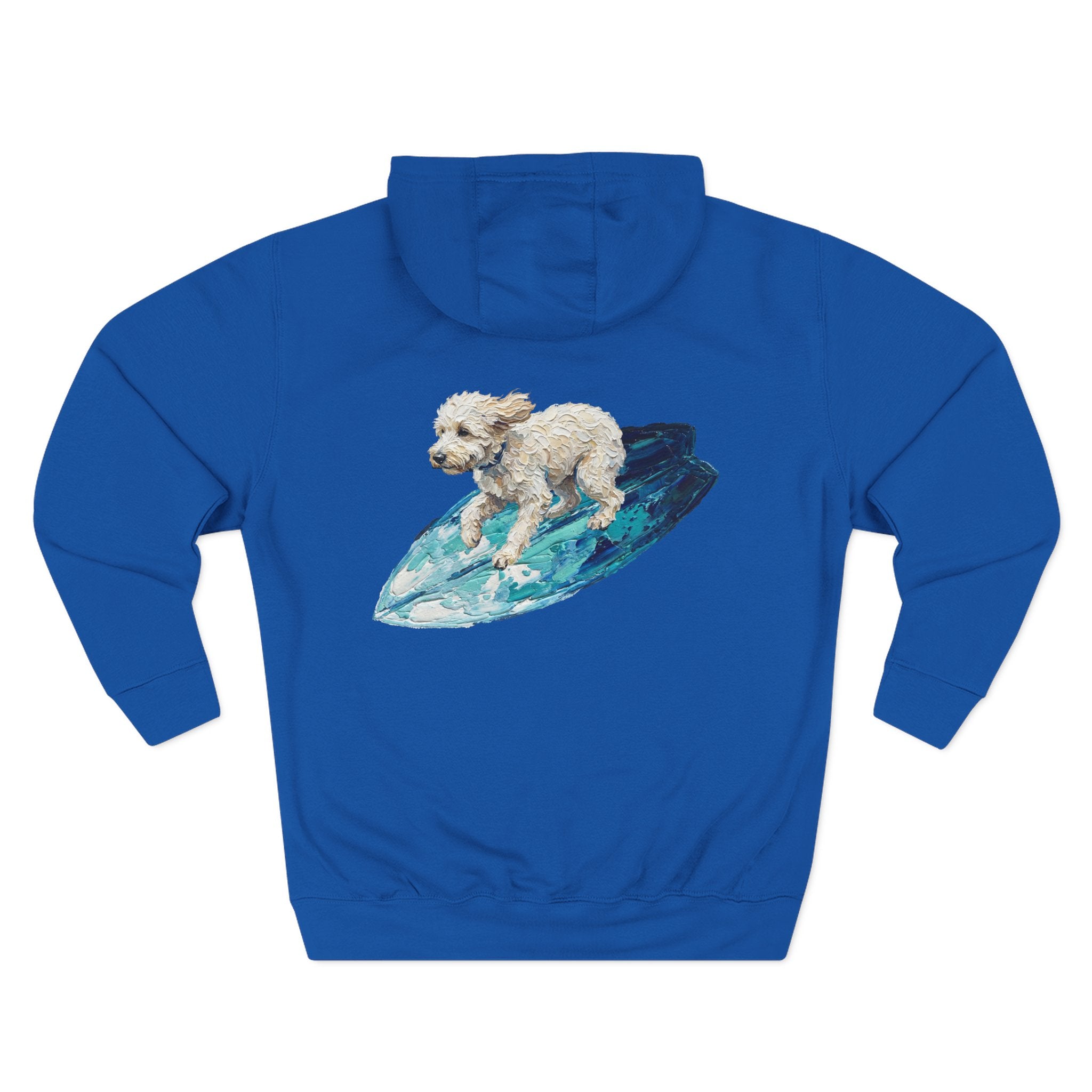 Surf Dog Hoodie — Cute White Dog Riding a Blue Surfboard Pullover