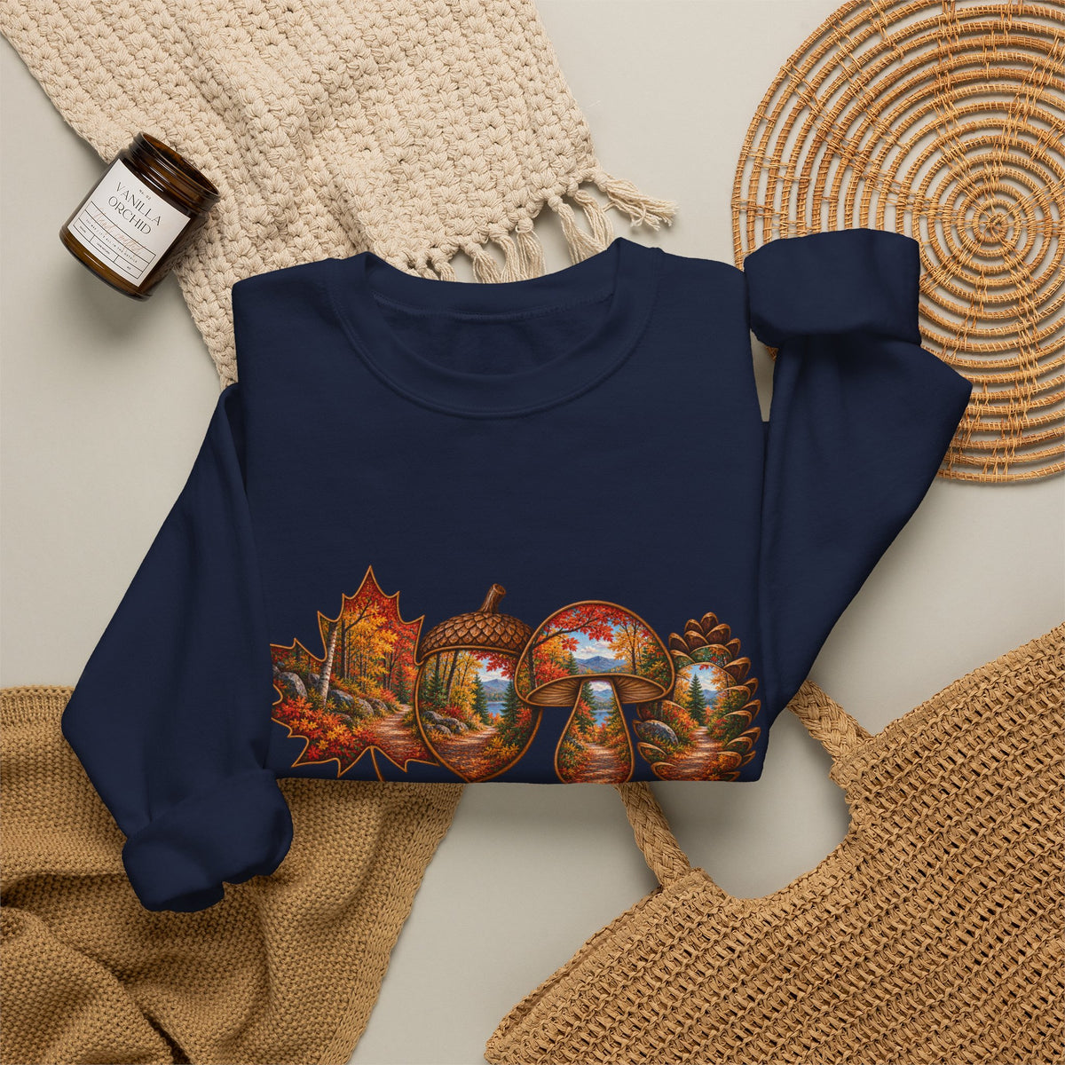 Autumn Lake Scene on Maple Leaves Sweatshirt | Fall Landscape Crewneck