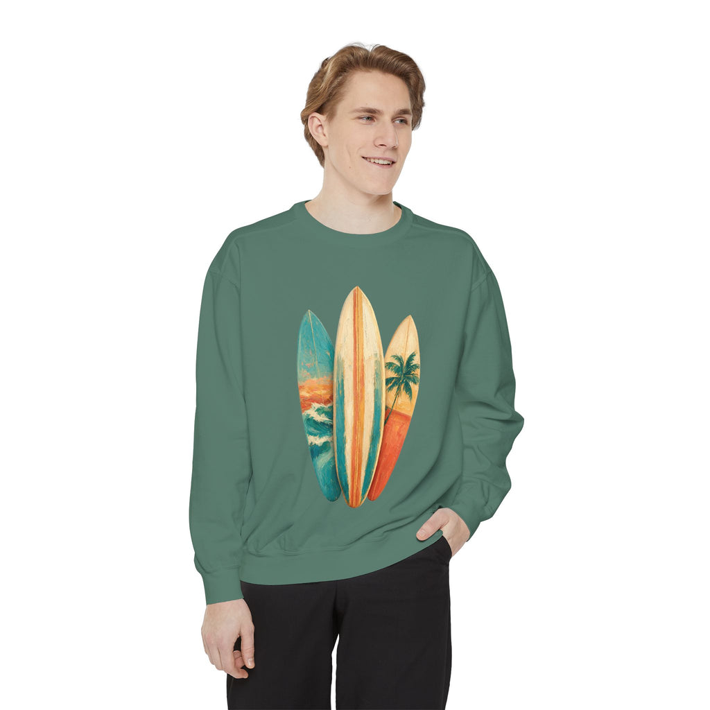 Vintage Surfboard Quarter Zip, Painterly Surf Art Pullover, Beach Coastal Surfer Gift, Summer Ocean Sweatshirt