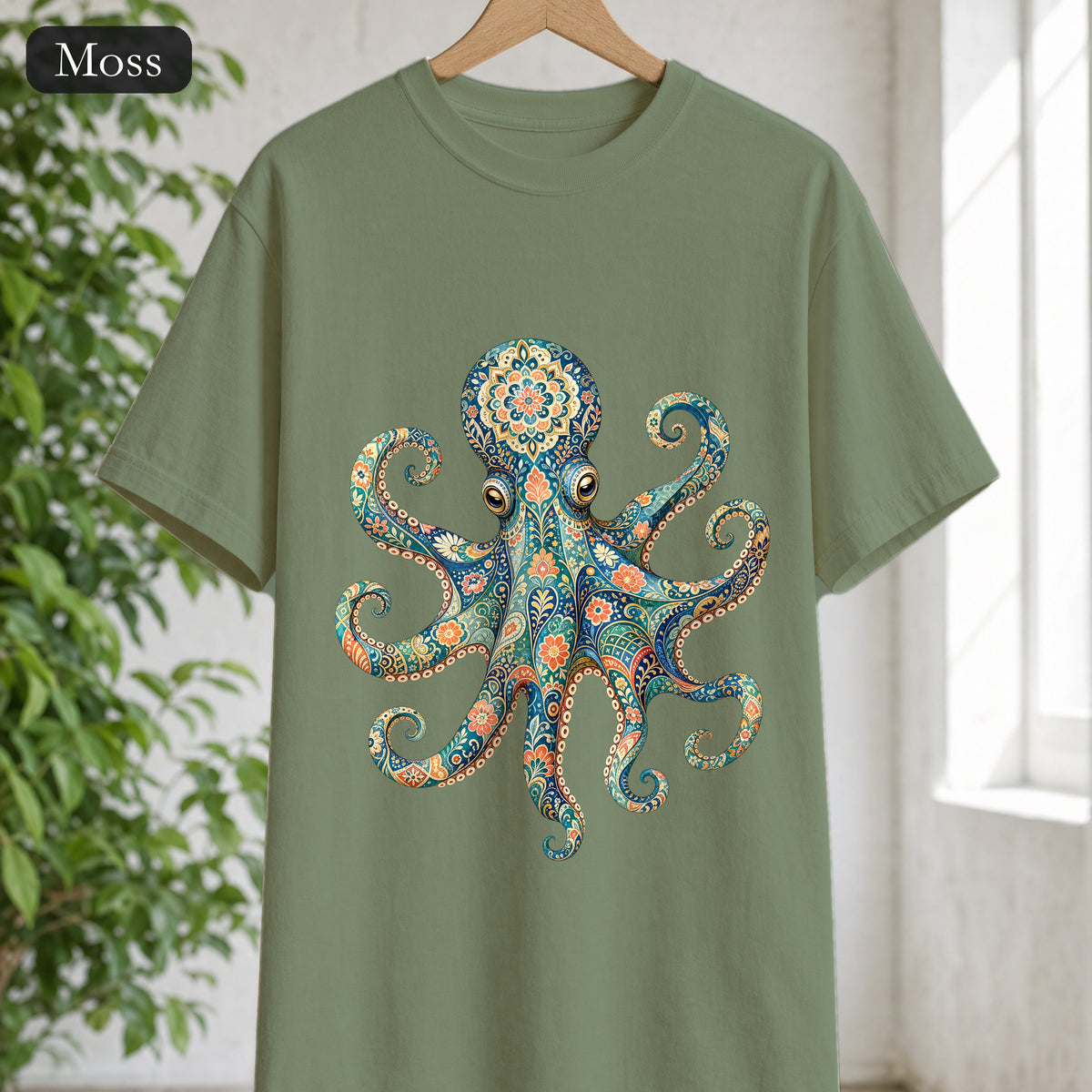 Boho Octopus Shirt, Folk Art Octopus Tee, Japanese Pattern Ocean Lover Gift, Vintage Floral Octopus Sweatshirt
